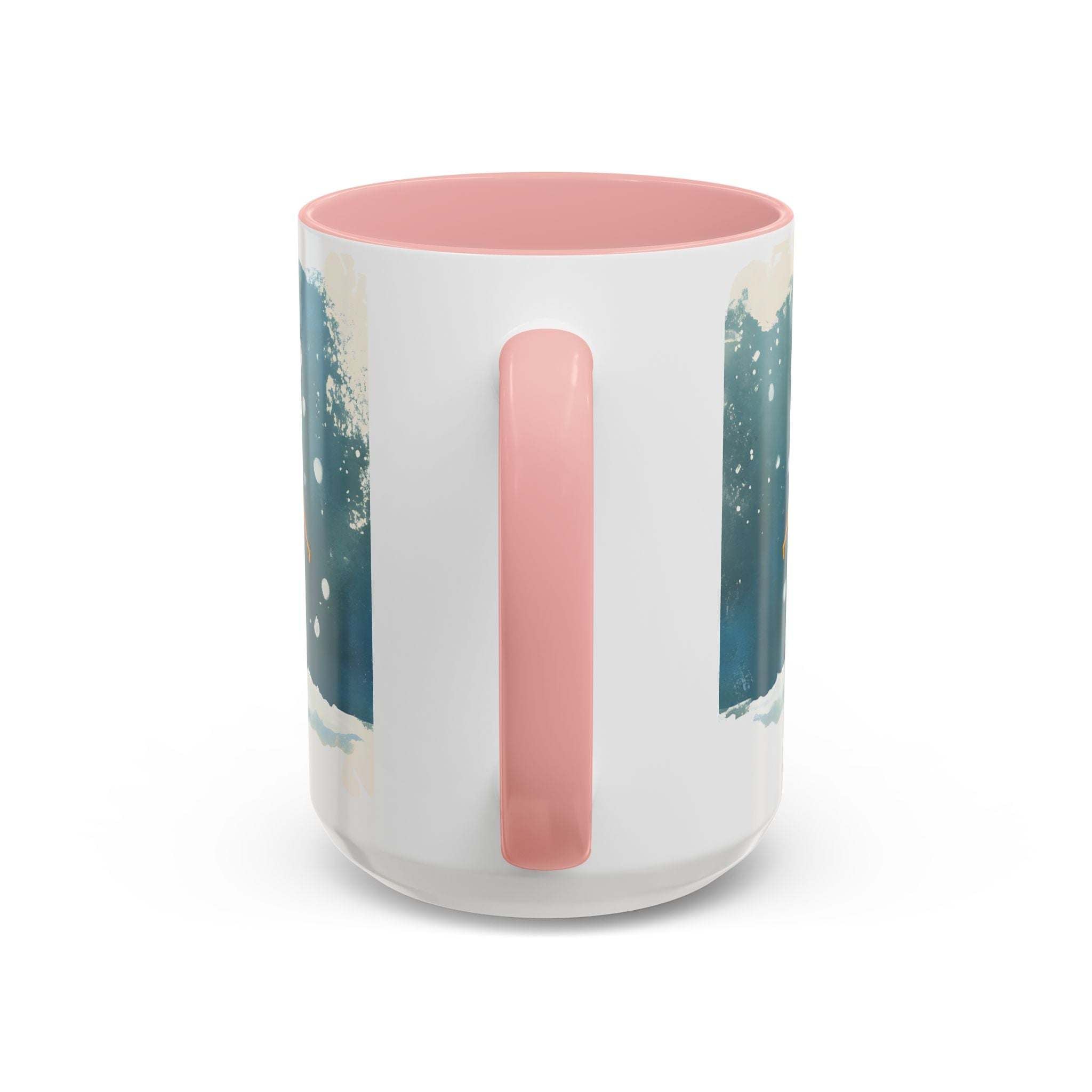Ceramic tumbler with a pink interior and abstract design on the exterior