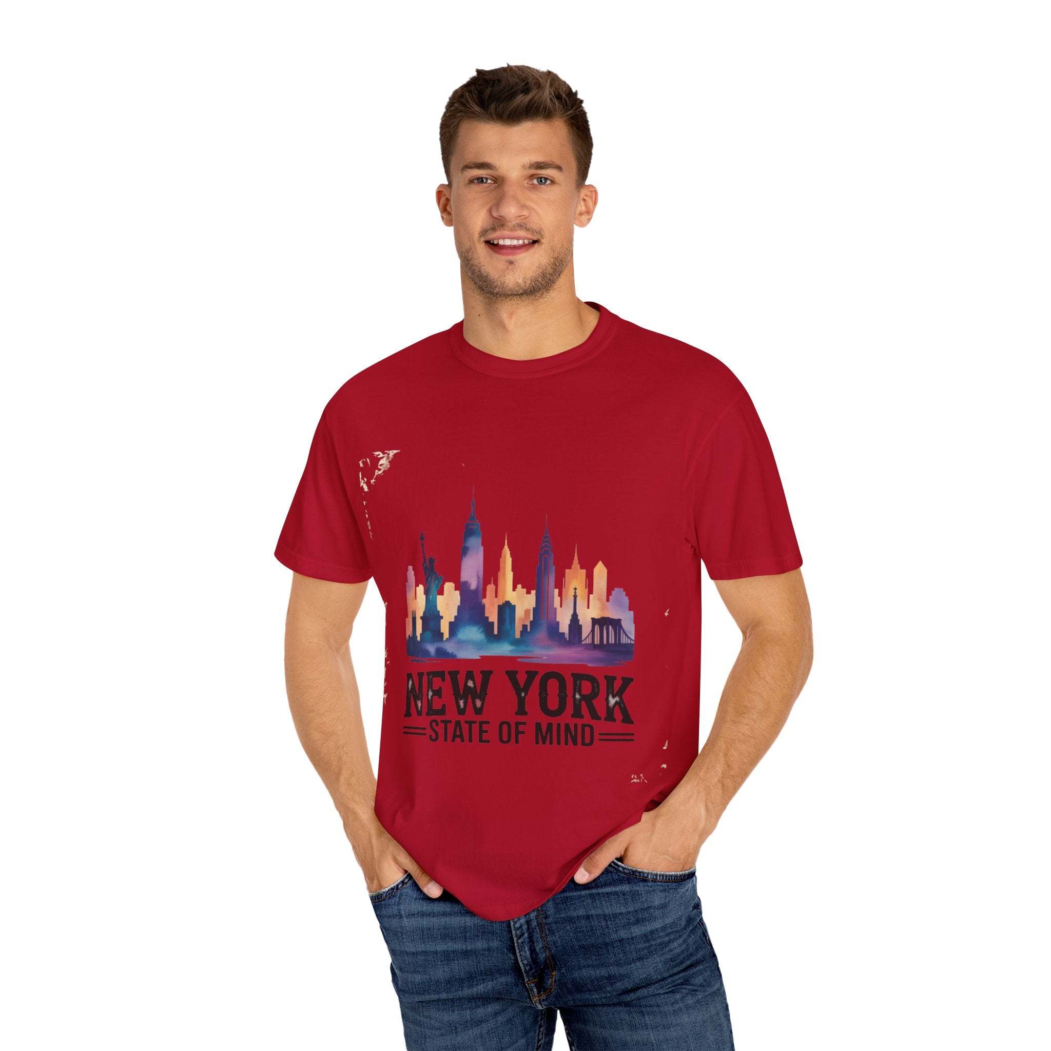 Red garment-dyed T-shirt with New York State of Mind skyline design worn by male model