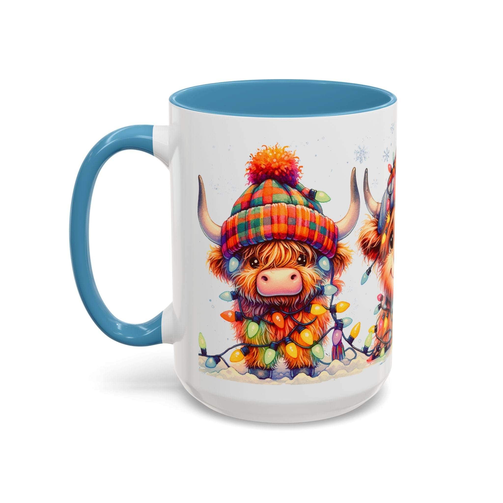 Mug with a cartoon highland cow wearing a colorful hat and scarf on a white background