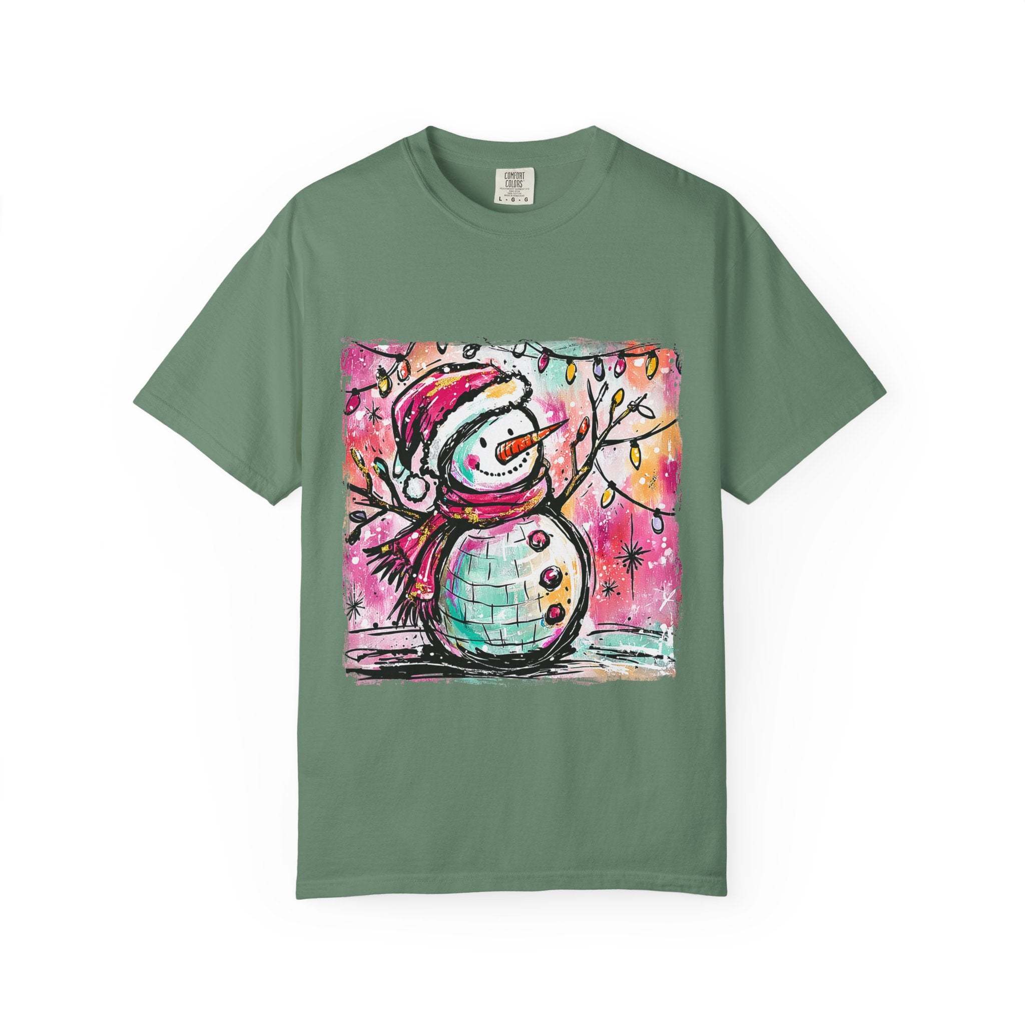 White unisex t-shirt featuring colorful disco ball snowman design, perfect for Christmas and dance parties by Printify