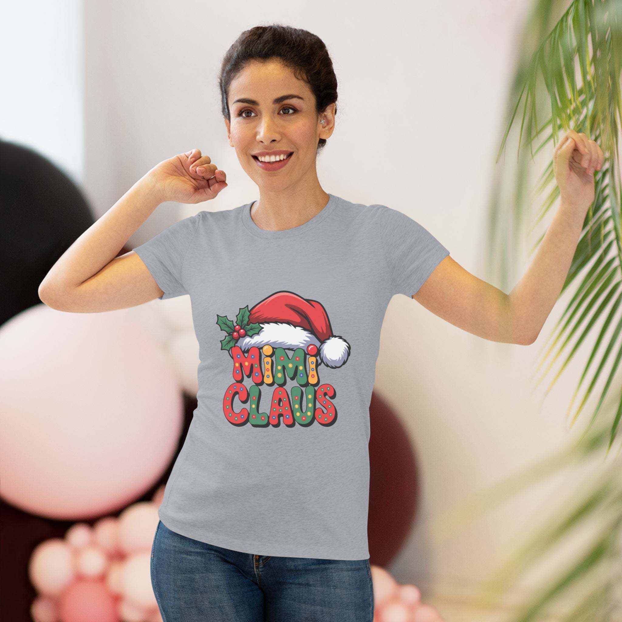 Women T-shirt with festive Mimi Claus design and Santa hat in soft triblend fabric for Christmas holiday