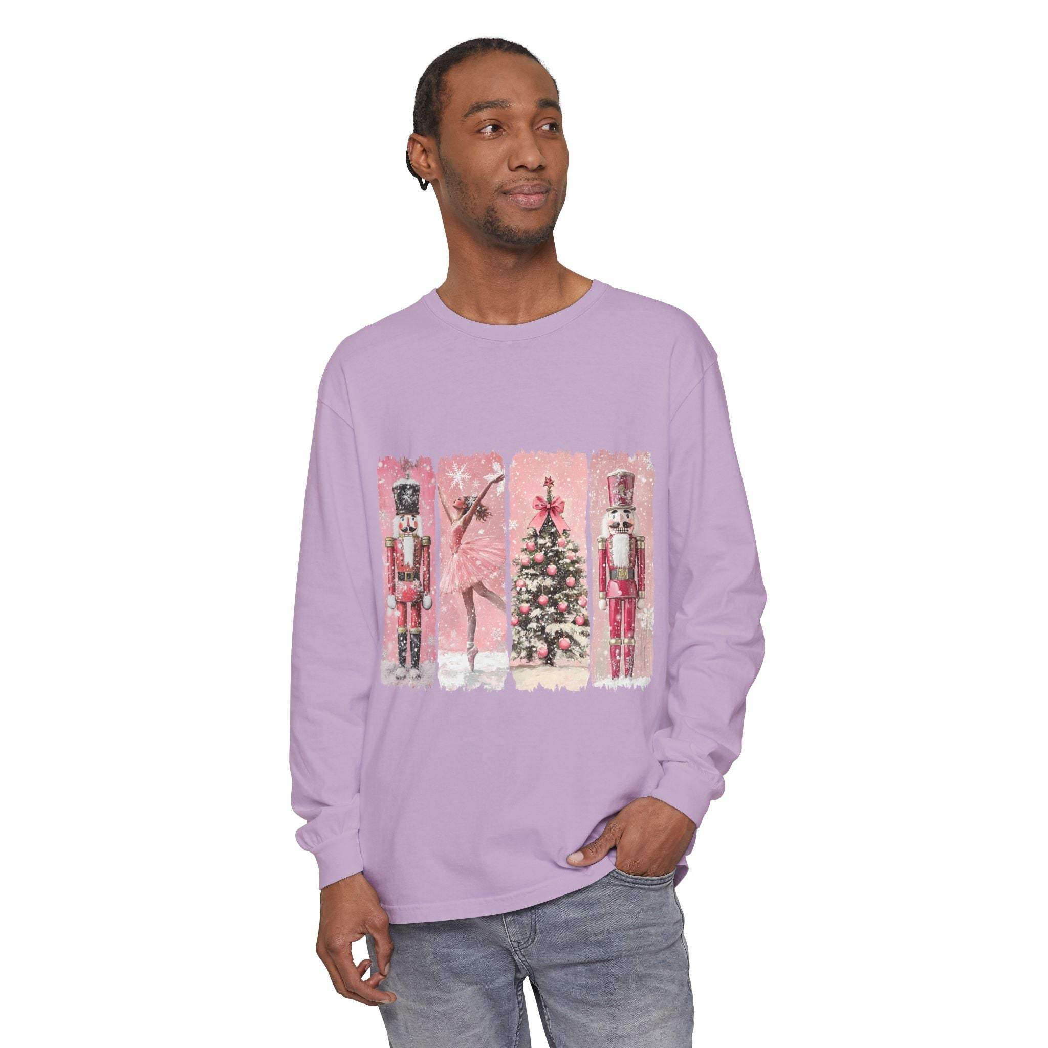 Preppy pink long sleeve T-shirt with watercolor Nutcracker Christmas design