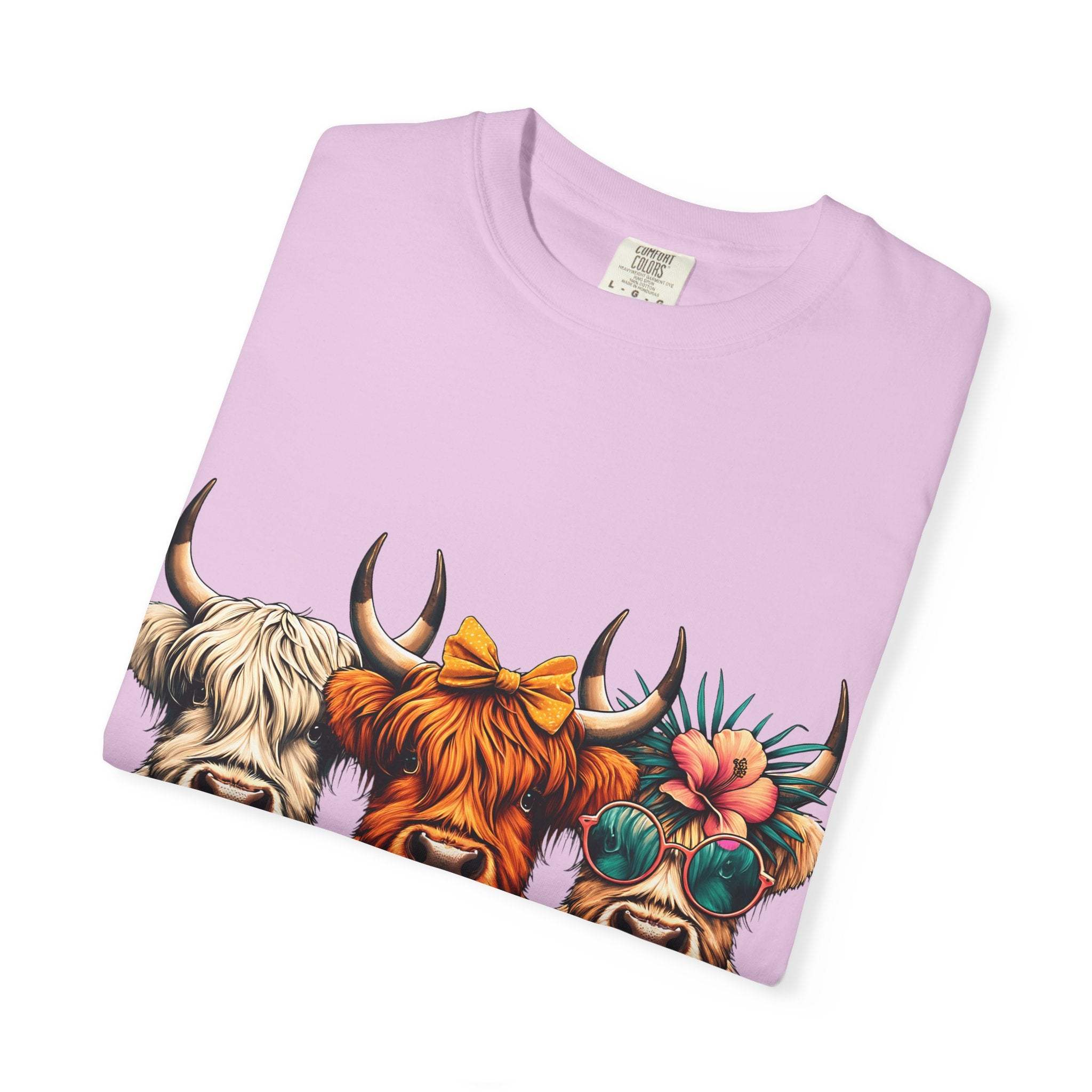 Funny OCD Obsessive Cow Disorder lavender T-shirt with three colorful cows wearing accessories design
