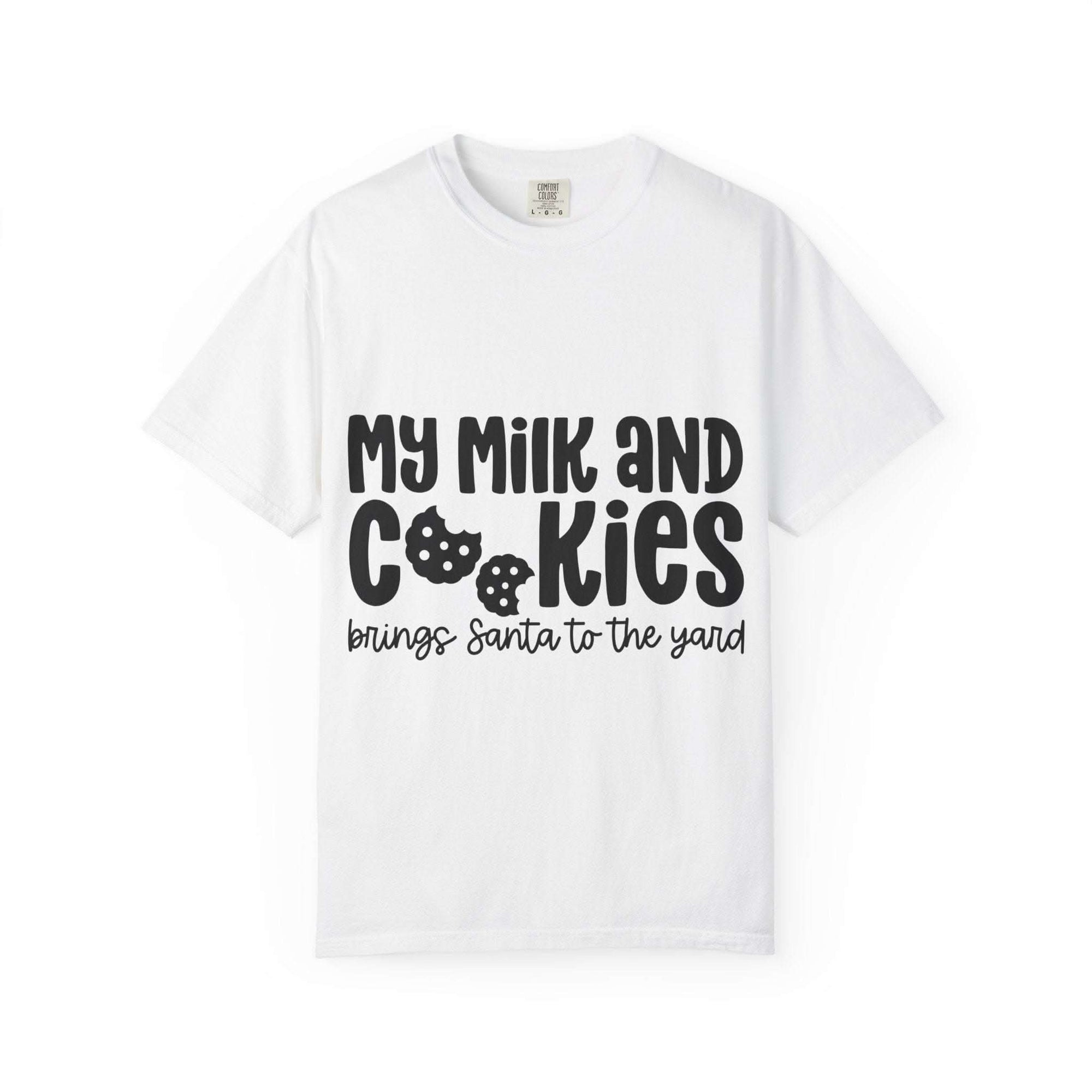 Black festive t-shirt with 'My Milk and Cookies Bring Santa to the Yard' print by Printify