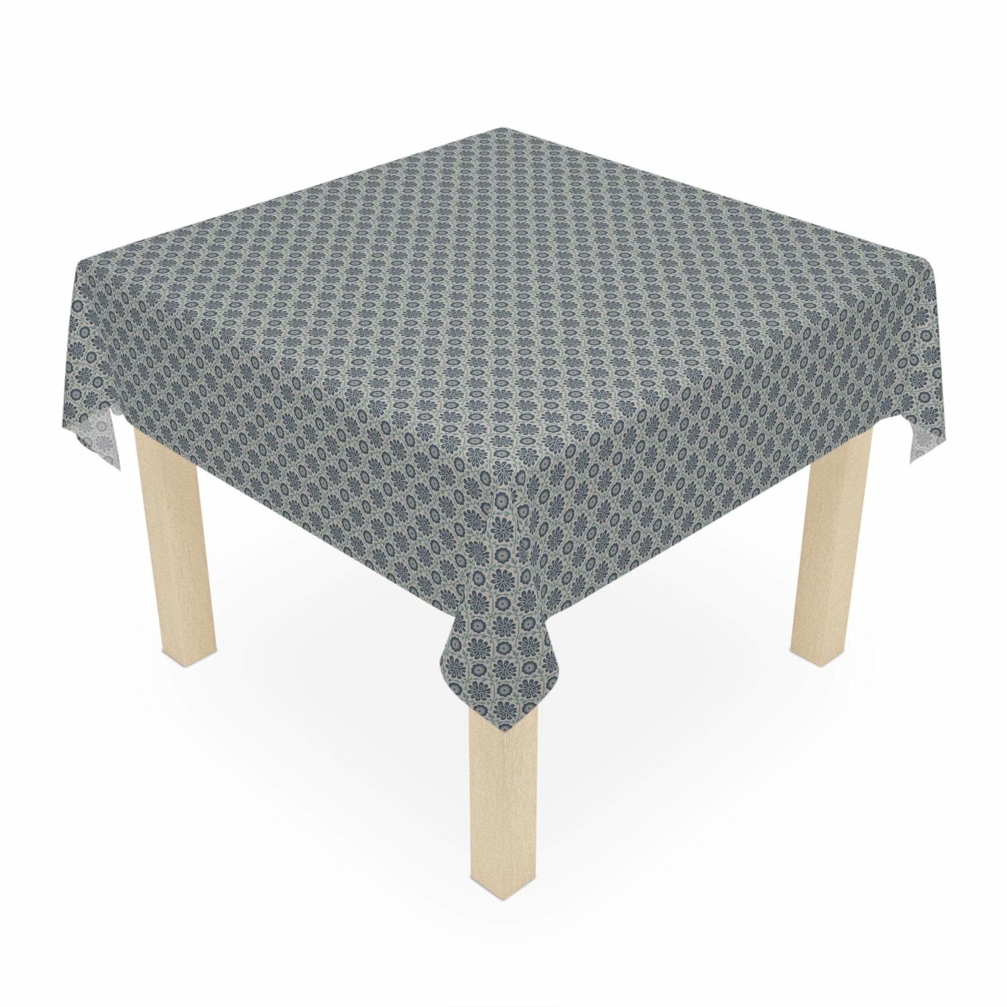 Indigo floral patterned polyester tablecloth with ogee vines design on square table