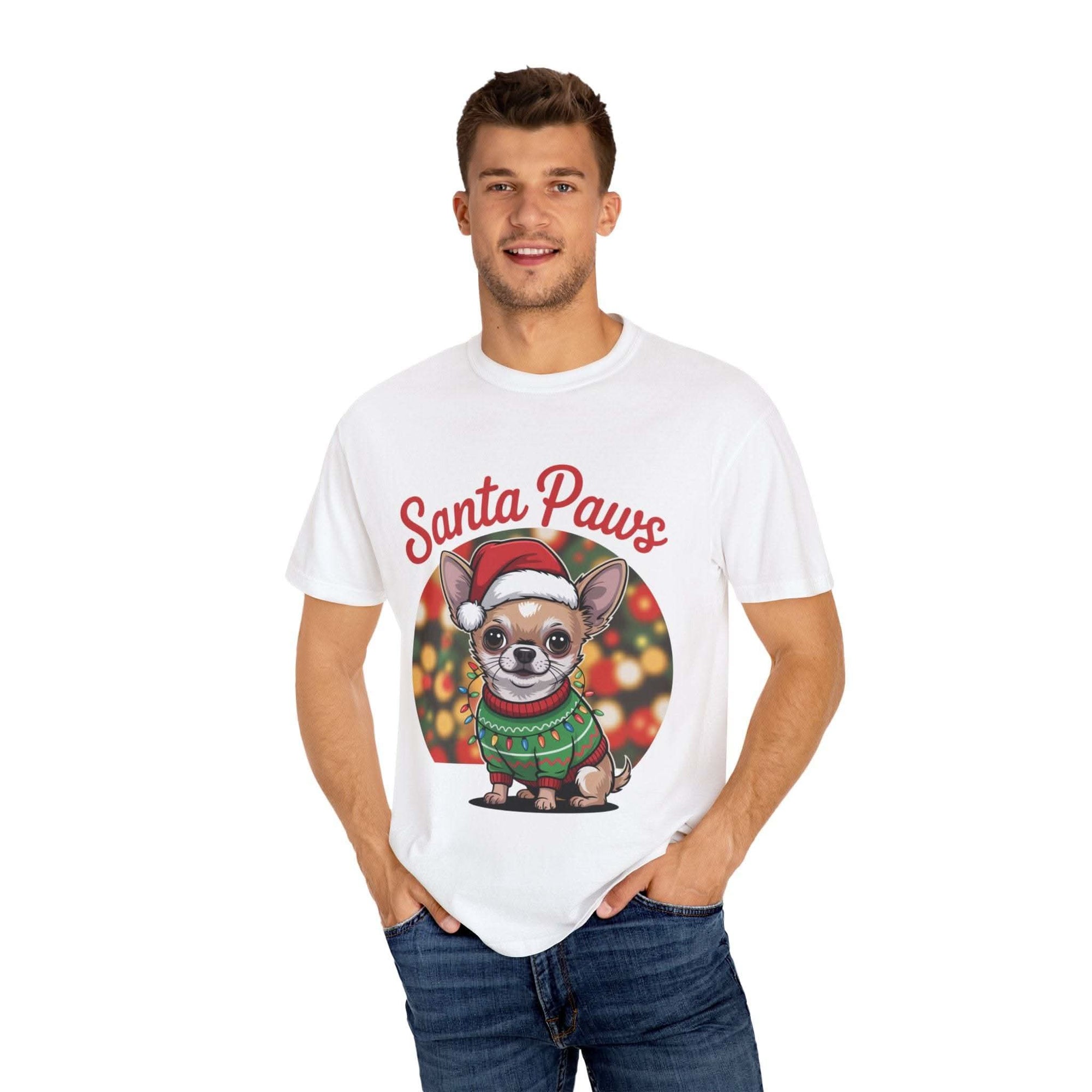 Bay Chihuahua Santa Paws T-Shirt from Printify, festive holiday pet apparel for dog lovers