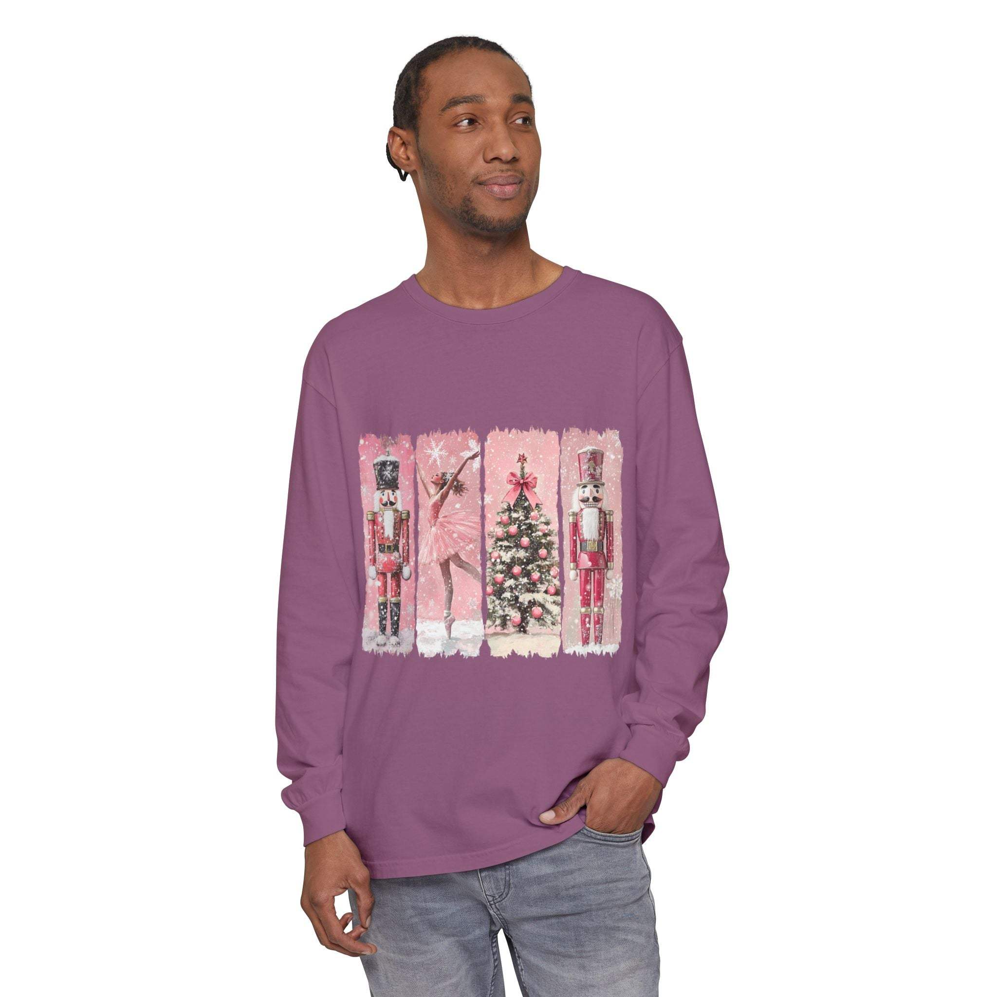 Men's long sleeve t-shirt in preppy pink with watercolor Nutcracker Christmas design