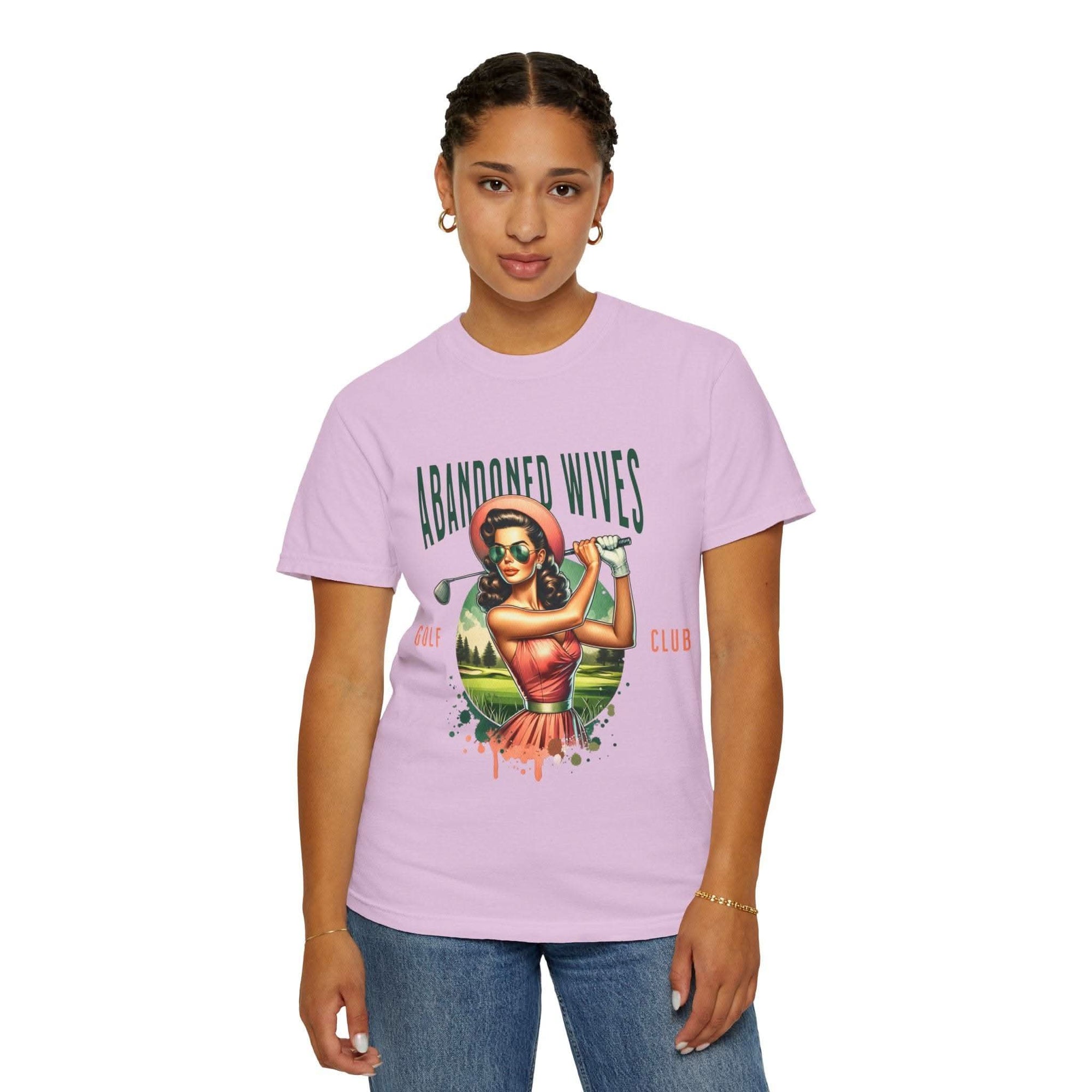 Vintage unisex T-shirt with humorous Abandoned Wives Golf Club graphic on lavender cotton fabric