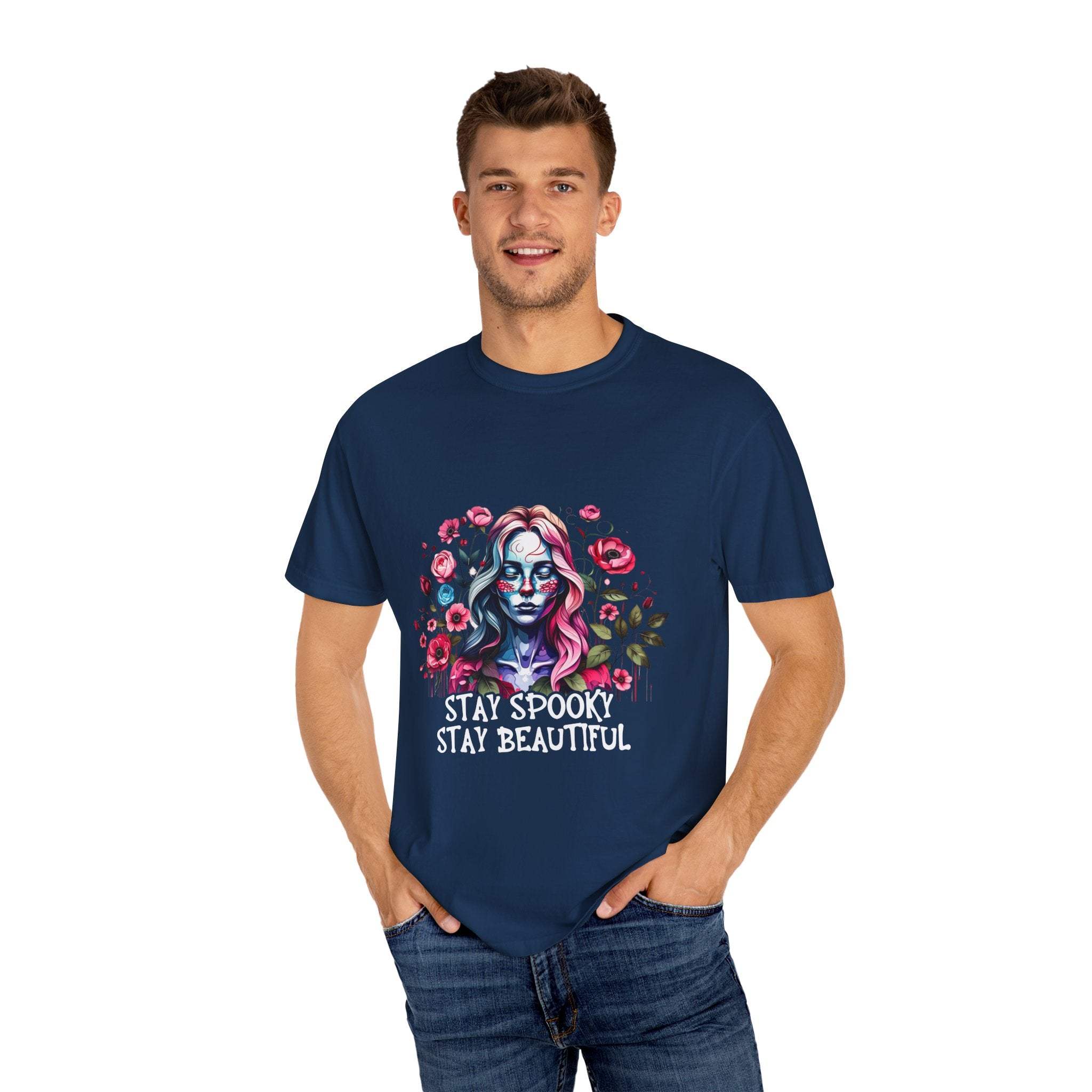 Men's navy floral skeleton t-shirt with "Stay Spooky Stay Beautiful" text and relaxed fit