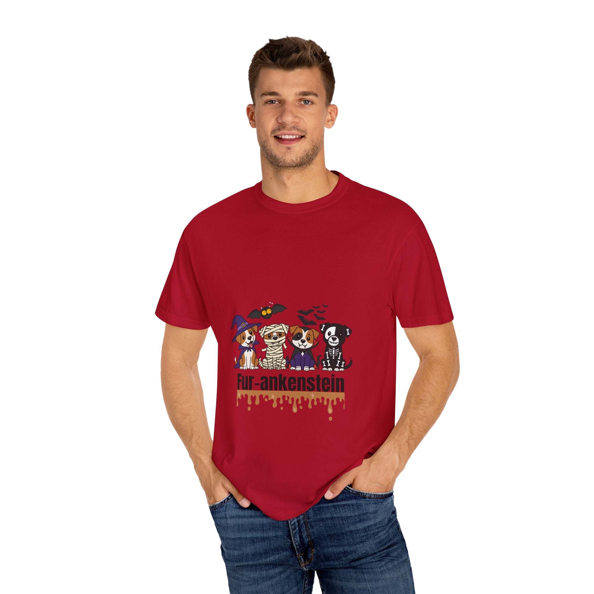 Man wearing red Puppies Halloween T-shirt with puppies in costumes and "Fur-ankenstein" text