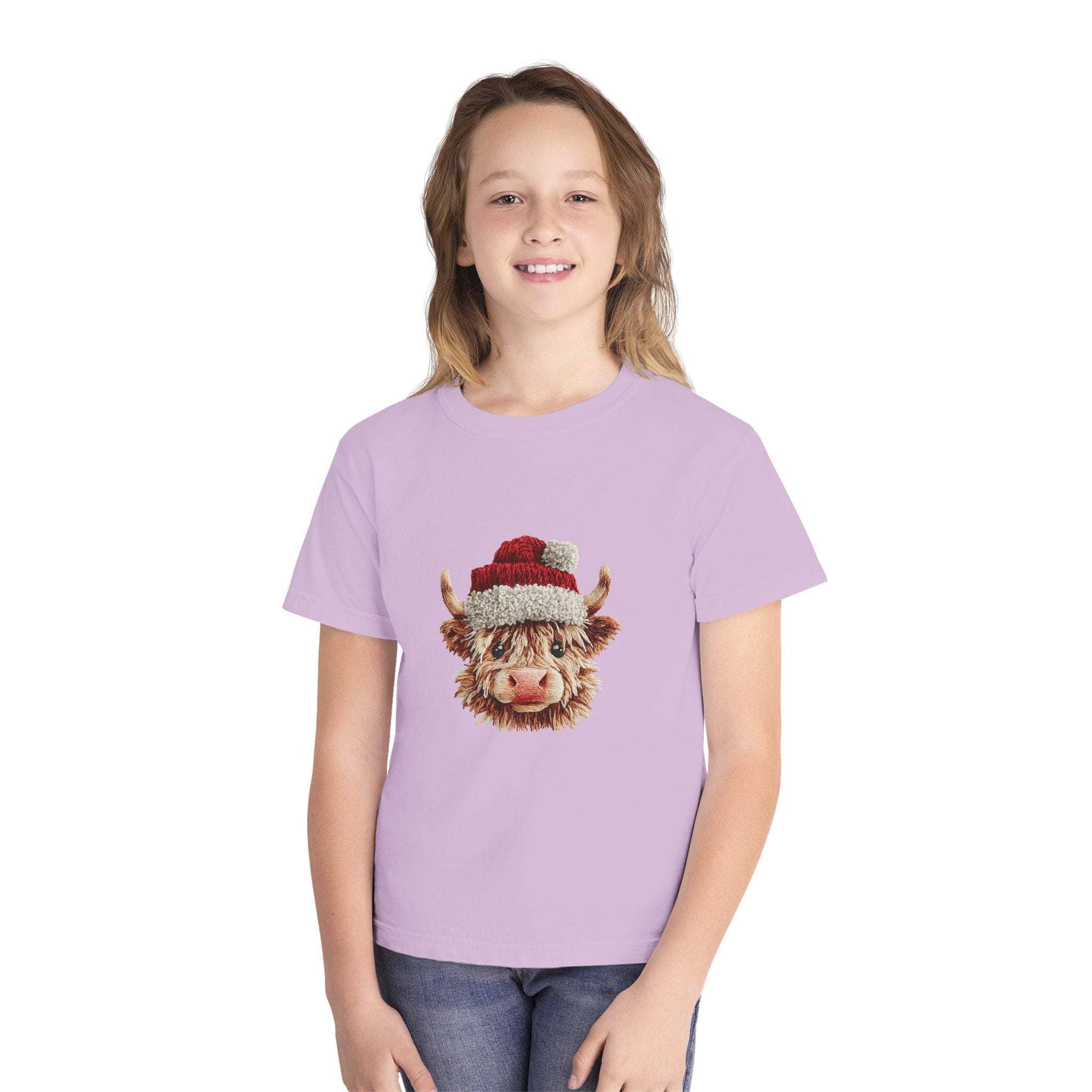 Youth tee with Santa Highland cow design in faux crochet yarn style for Christmas