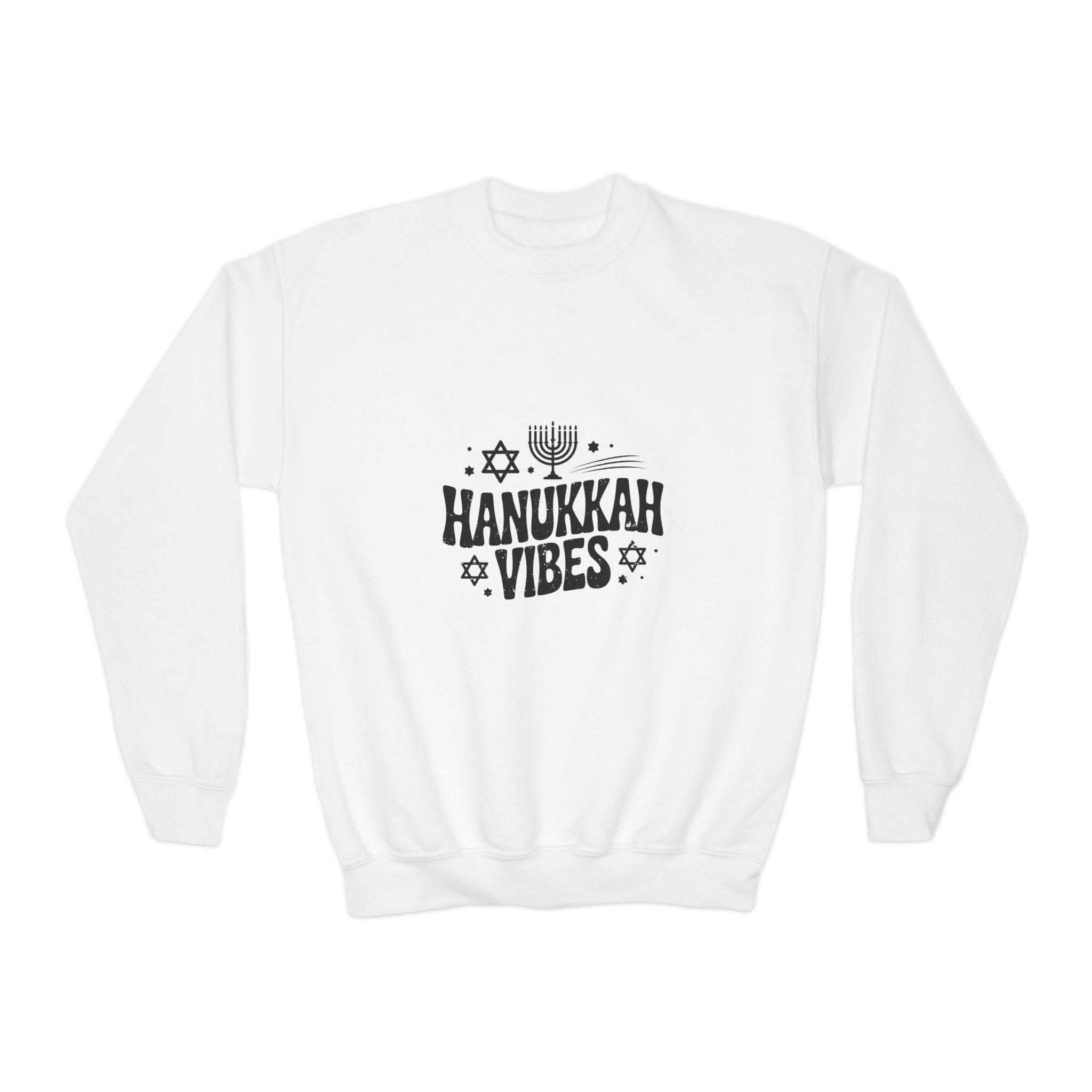 Child wearing cozy Hanukkah crewneck sweatshirt with festive holiday graphics