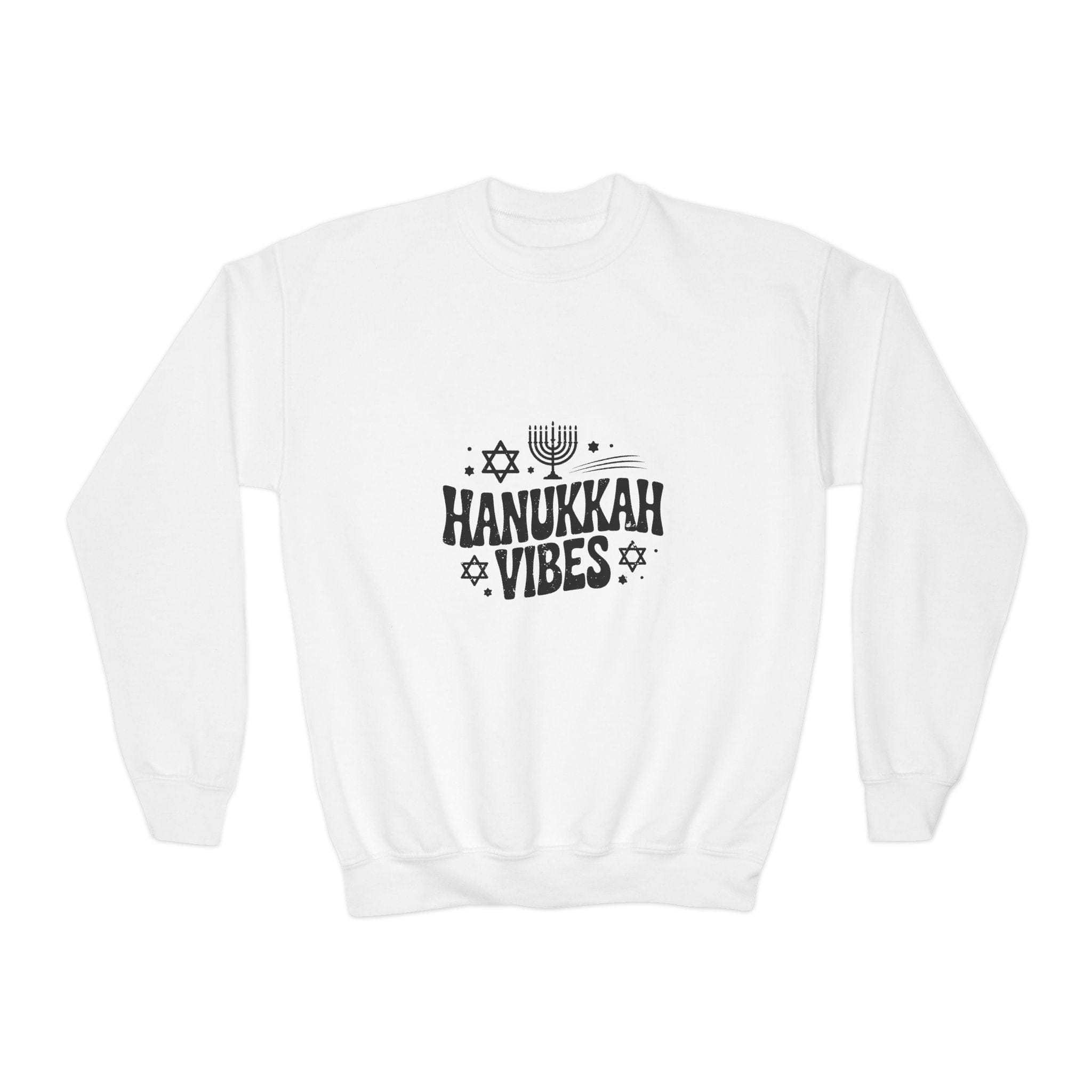 White youth sweatshirt with Hanukkah Vibes text and menorah graphic Hanukkah Crewneck Sweatshirt