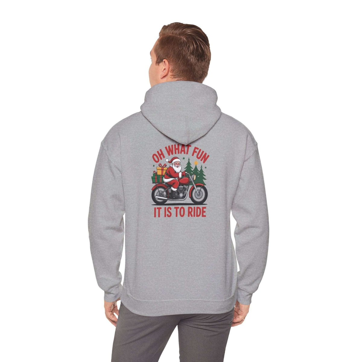 Santa motorcycle hoodie in black, featuring festive graphics, perfect for holiday celebrations and motorcycle enthusiasts.