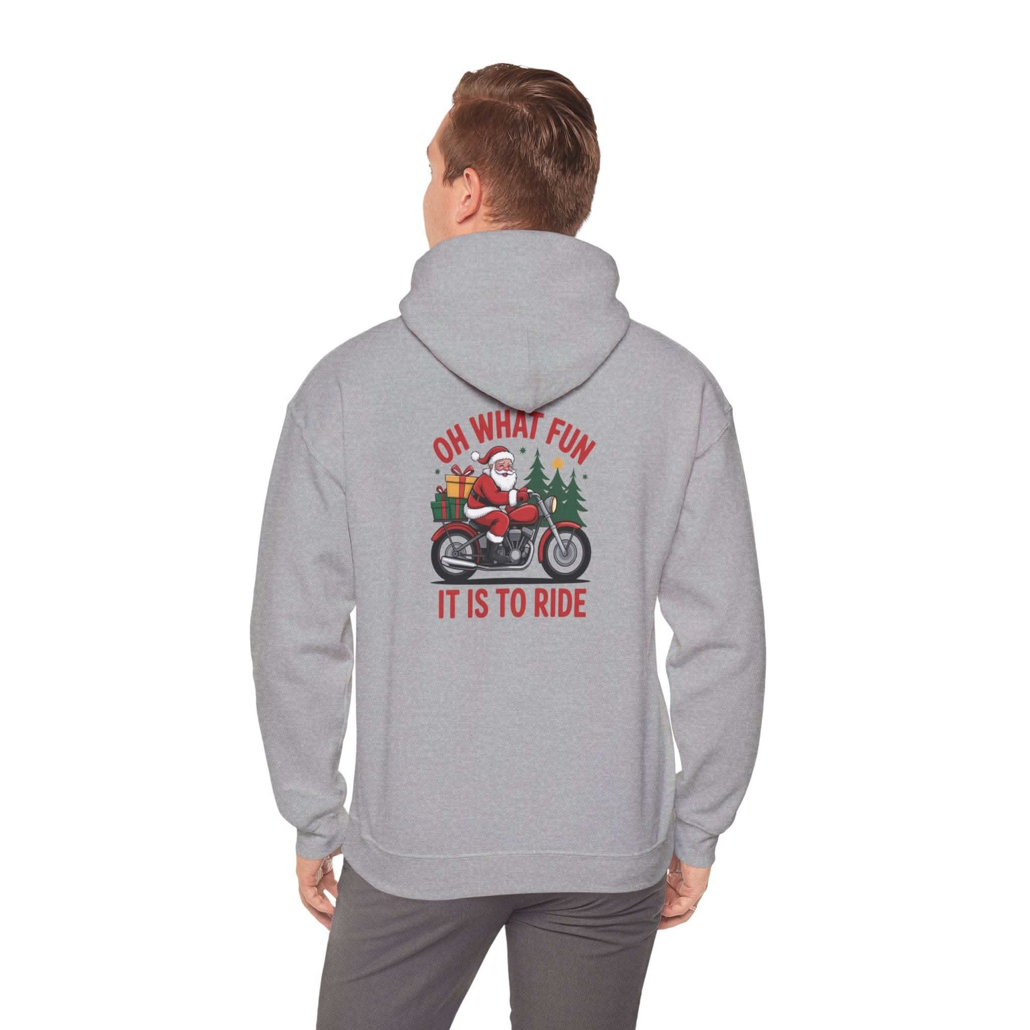 Santa motorcycle hoodie in black, featuring festive graphics, perfect for holiday celebrations and motorcycle enthusiasts.