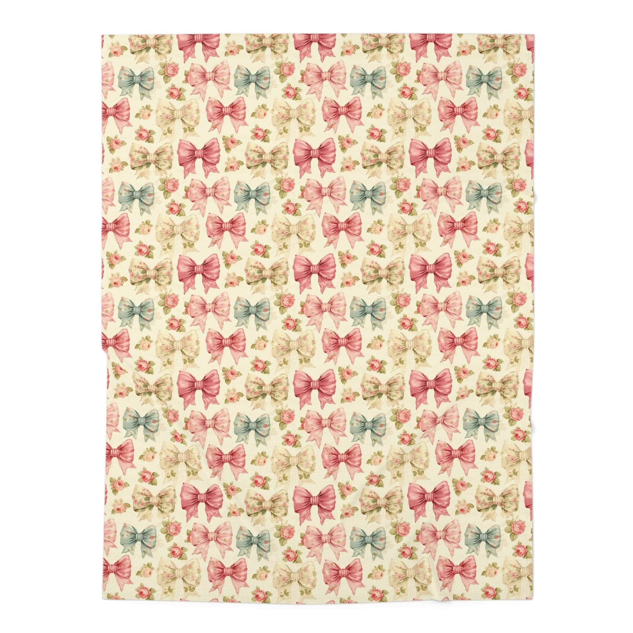 Floral Coquette Bows swaddle blanket with pastel bows and floral pattern, smooth jersey polyester fabric, 30x40 inches, baby nursery accessory