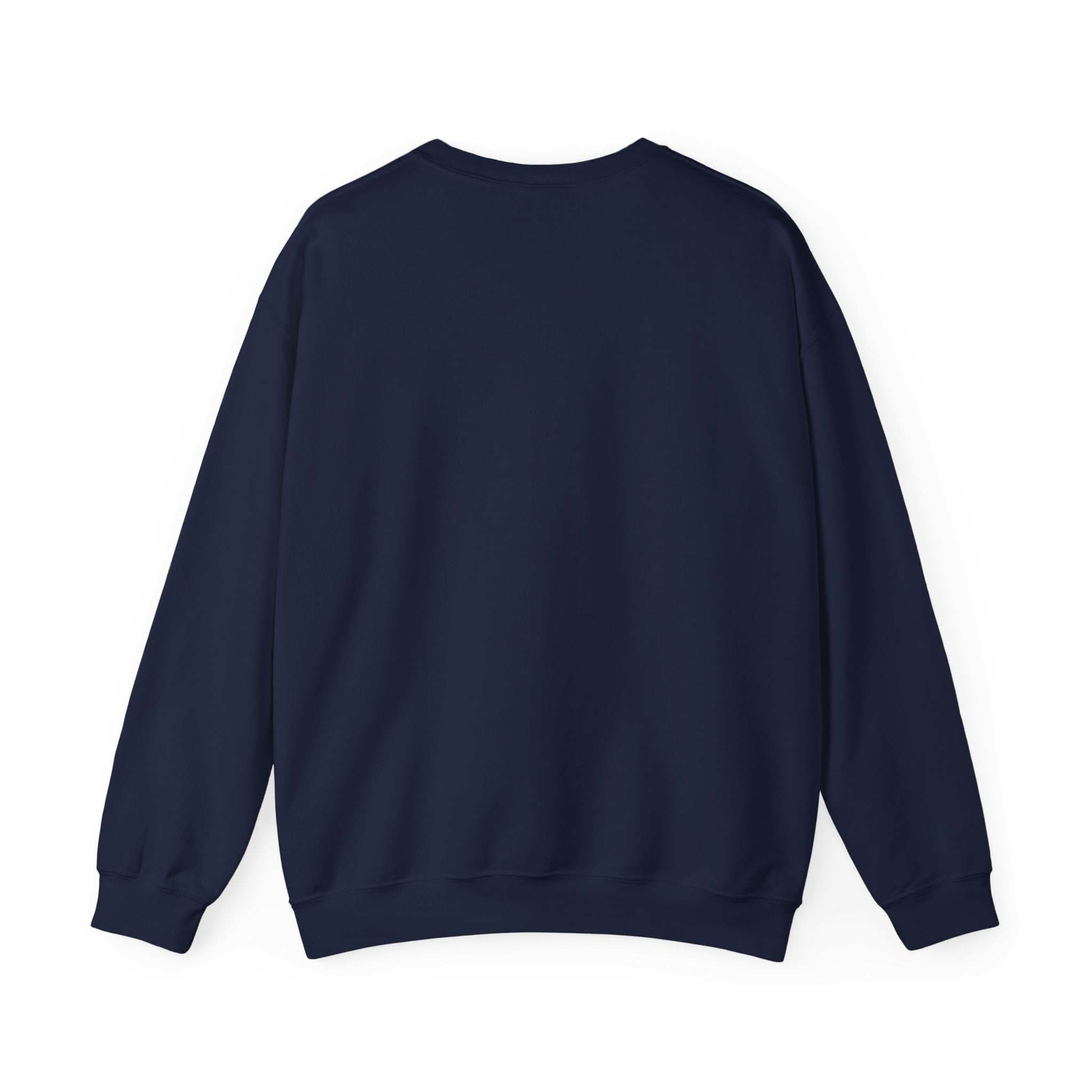 Navy Santa sweatshirt featuring a surfing design, perfect for holiday beachwear by Printify.
