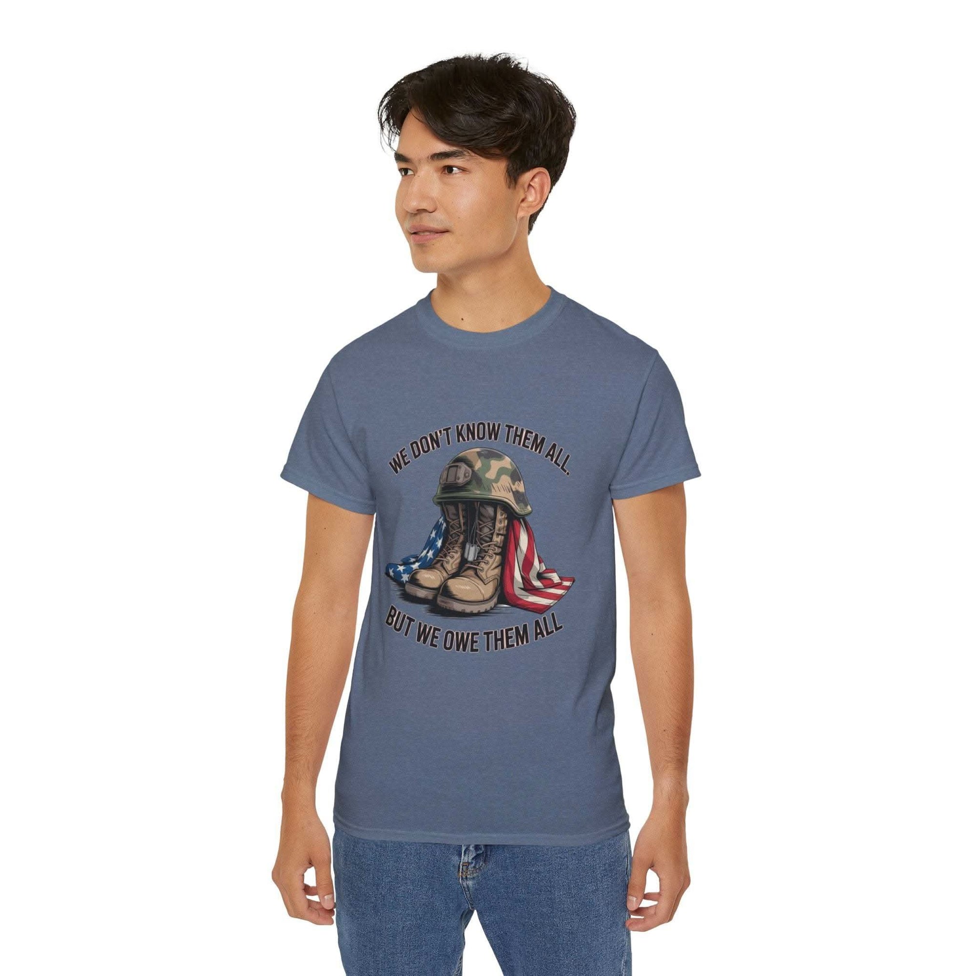 Unisex T-shirt with veteran tribute message and graphic of combat boots and flag