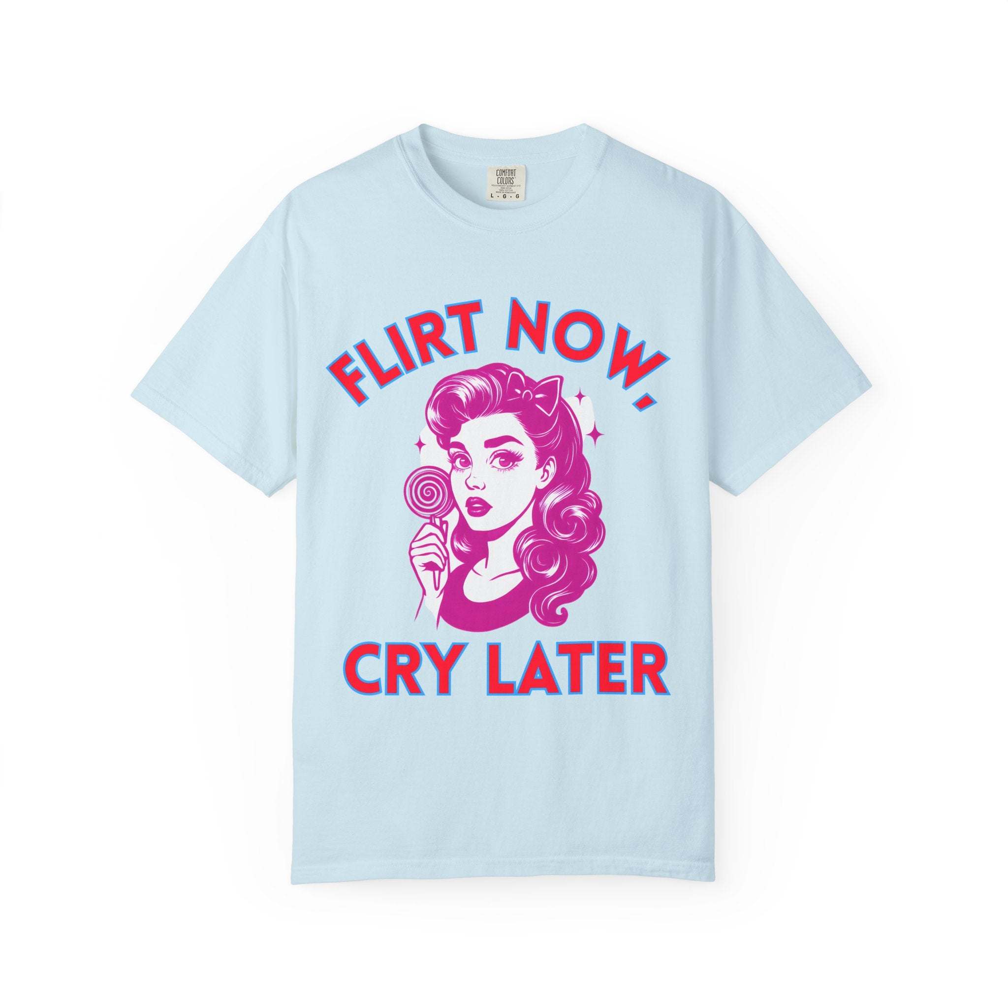 Black garment-dyed t-shirt featuring 'Flirt Now, Cry Later' graphic from Printify