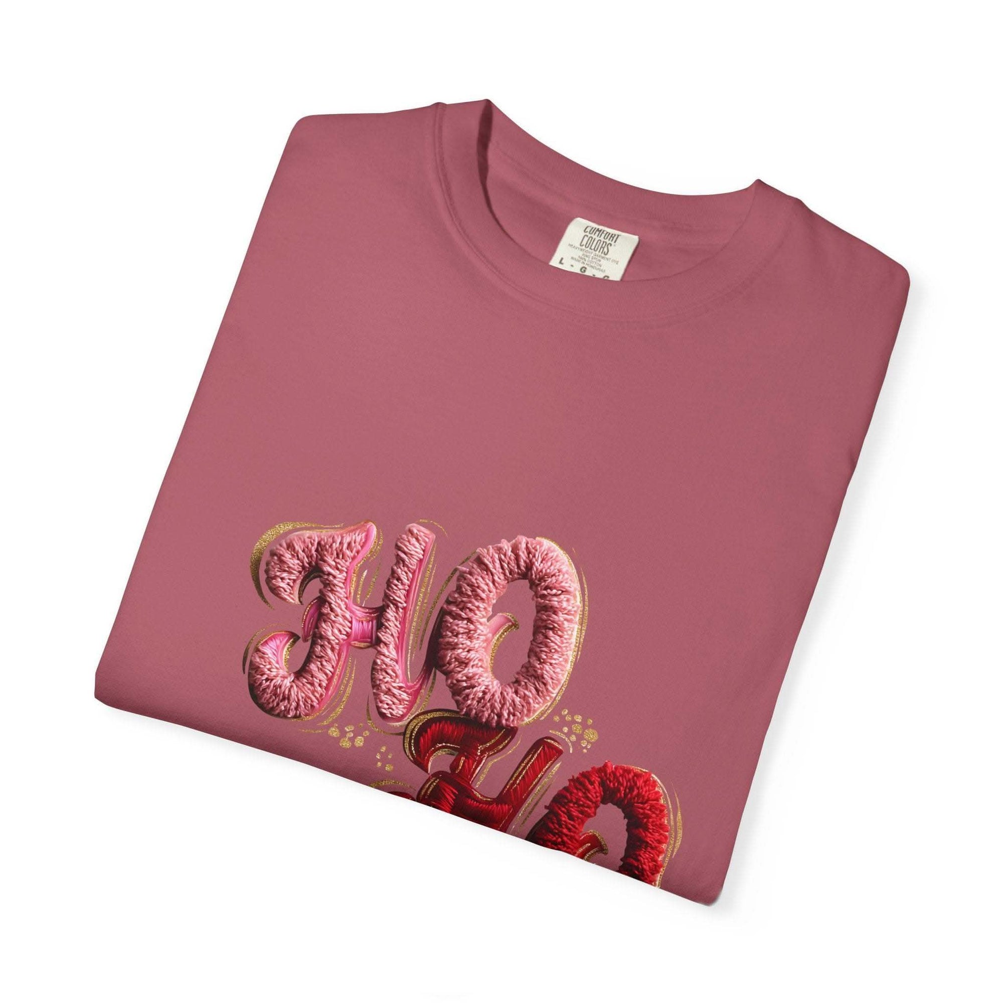 White Christmas graphic tee featuring faux puffy crochet 'Ho, Ho, Ho' design by Printify