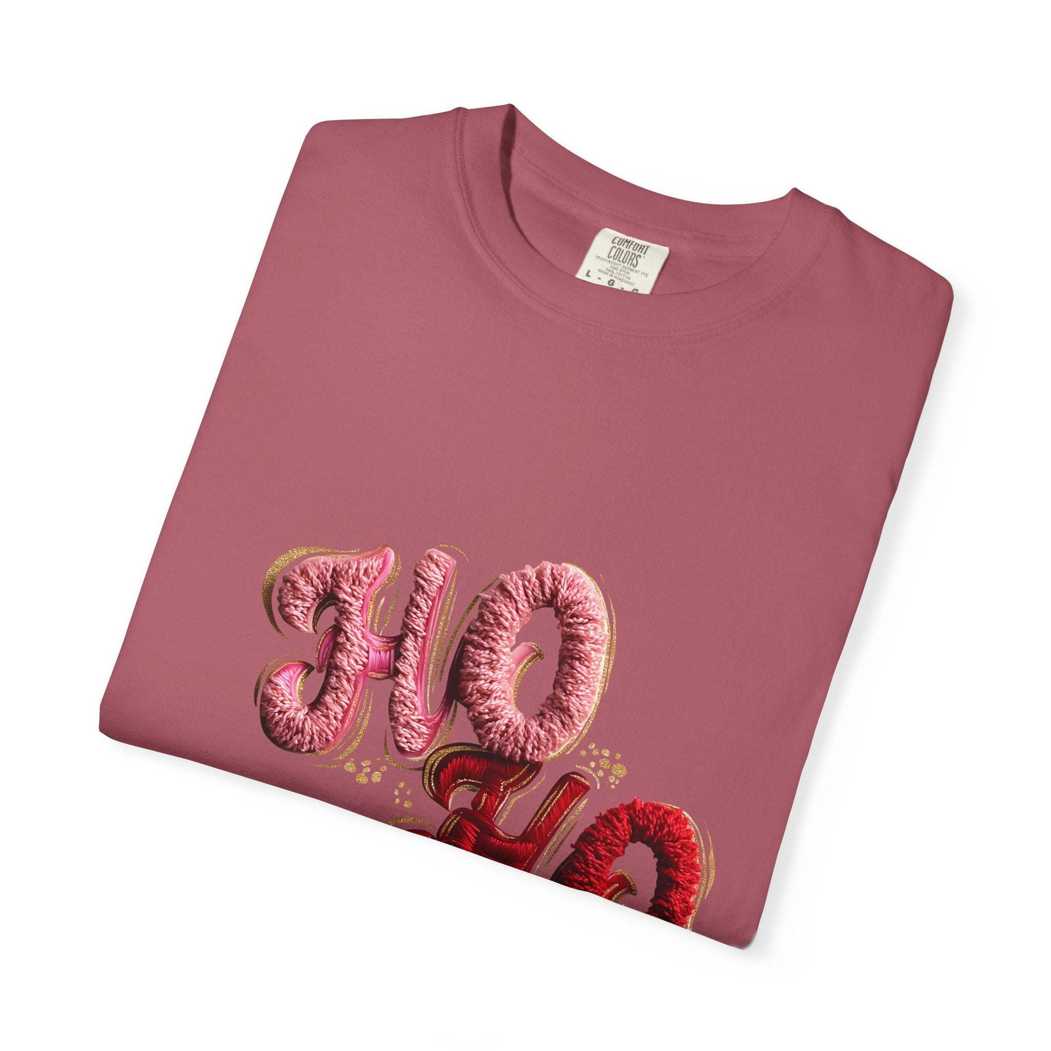 White Christmas graphic tee featuring faux puffy crochet 'Ho, Ho, Ho' design by Printify