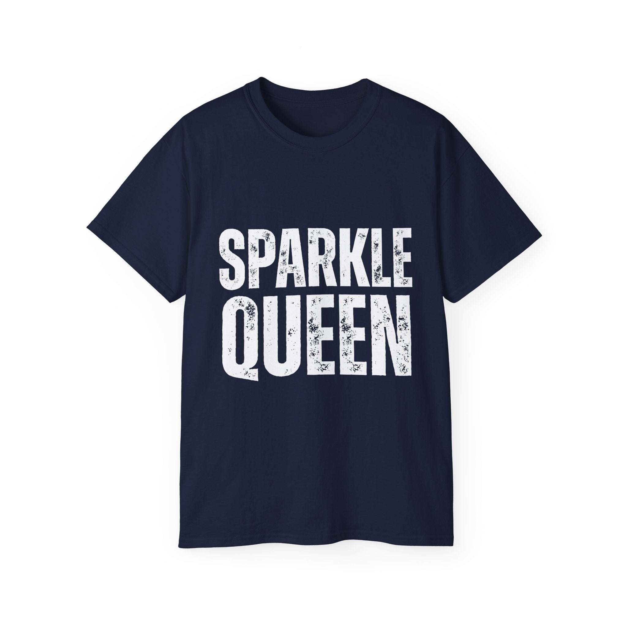 Navy blue Sparkle Queen T-Shirt with distressed white graphic text for fashionistas