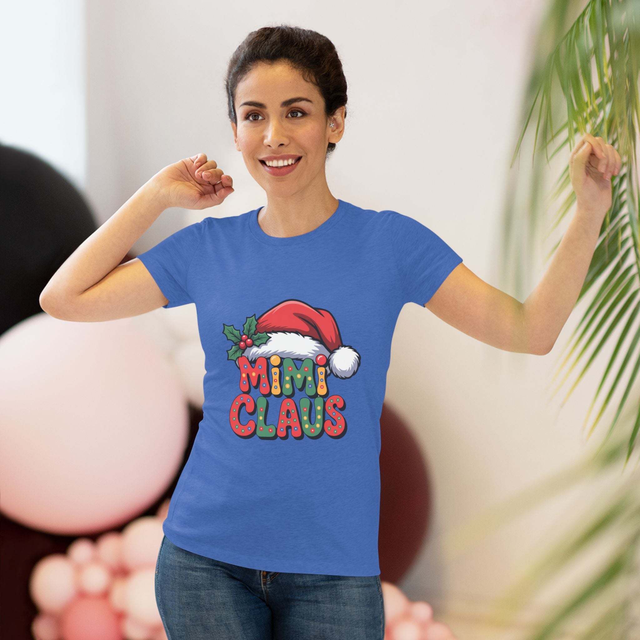Women T-shirt with festive Mimi Claus design and Santa hat in soft triblend fabric for Christmas holiday