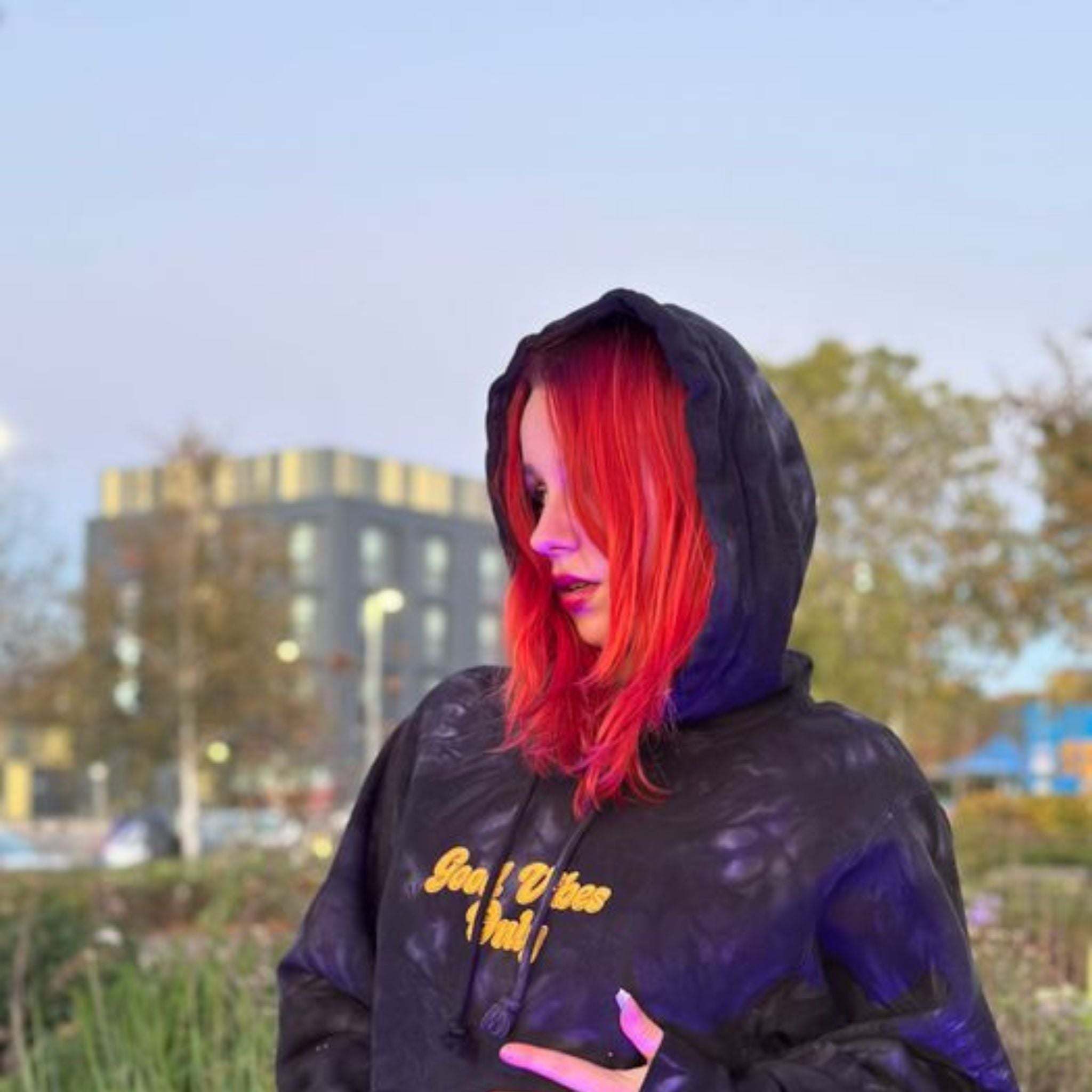 Mulled Berry tie-dye hoodie with embroidered 'Good Vibes Only' text by Printify