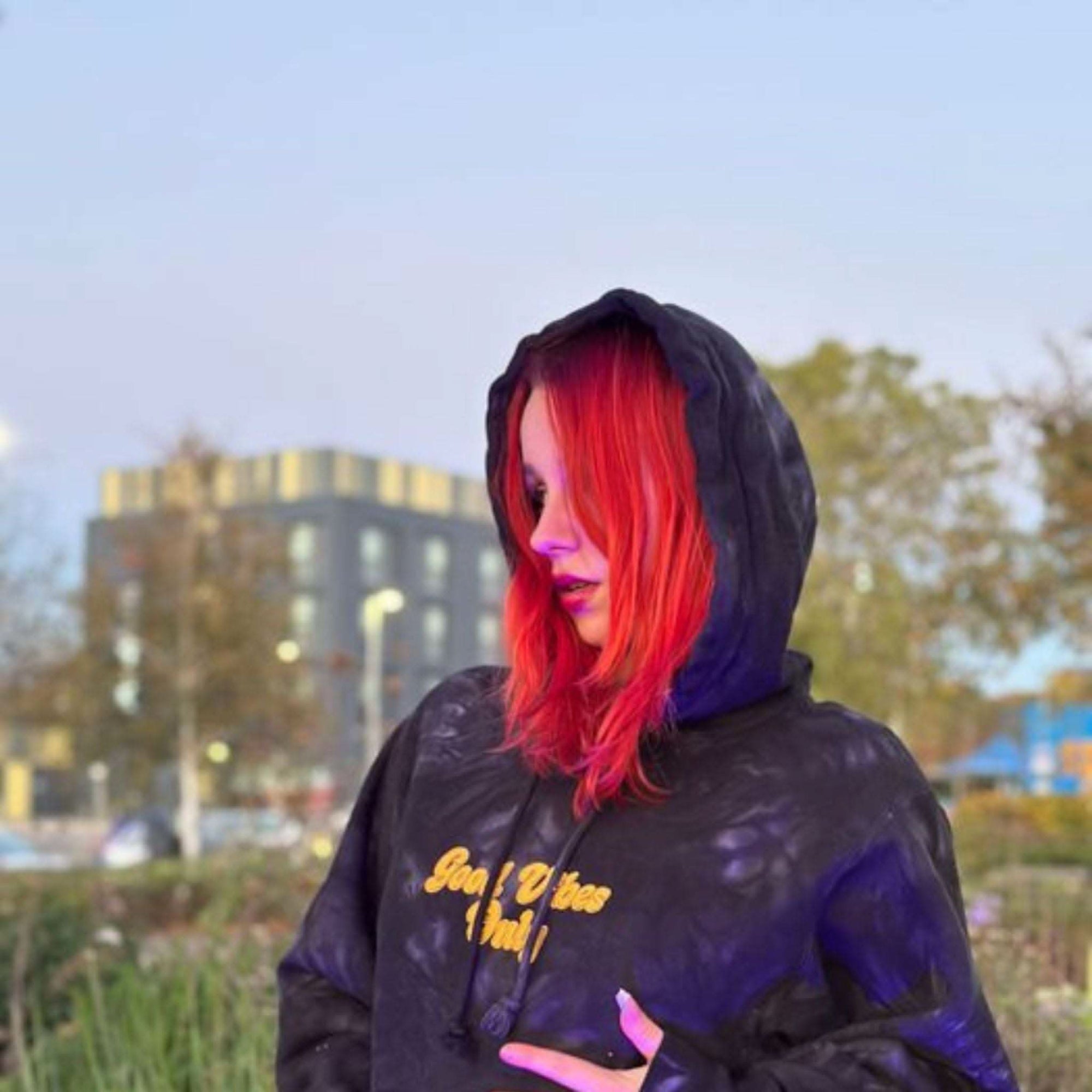 Mulled Berry tie-dye hoodie with embroidered 'Good Vibes Only' text by Printify