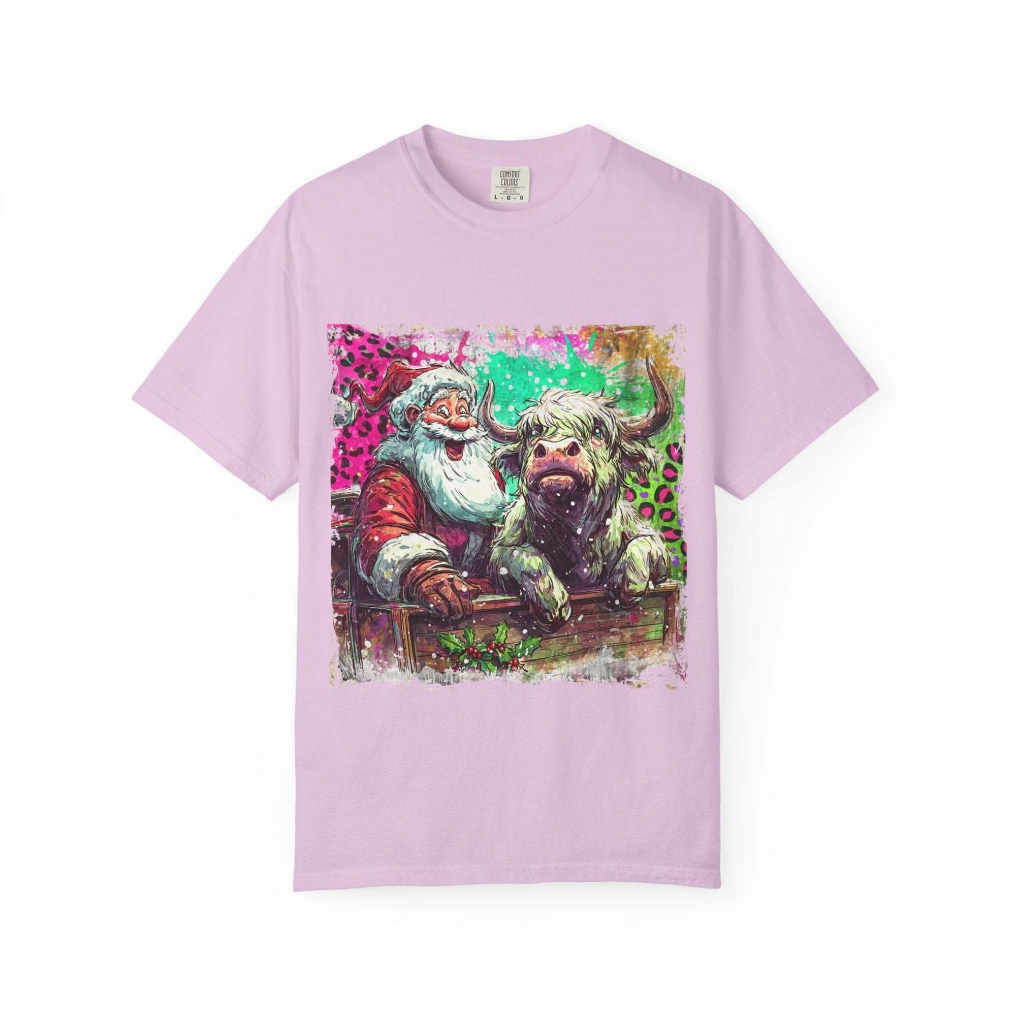 Retro Santa and Highland Cow graphic on a black t-shirt by Printify, perfect for festive holiday wear.