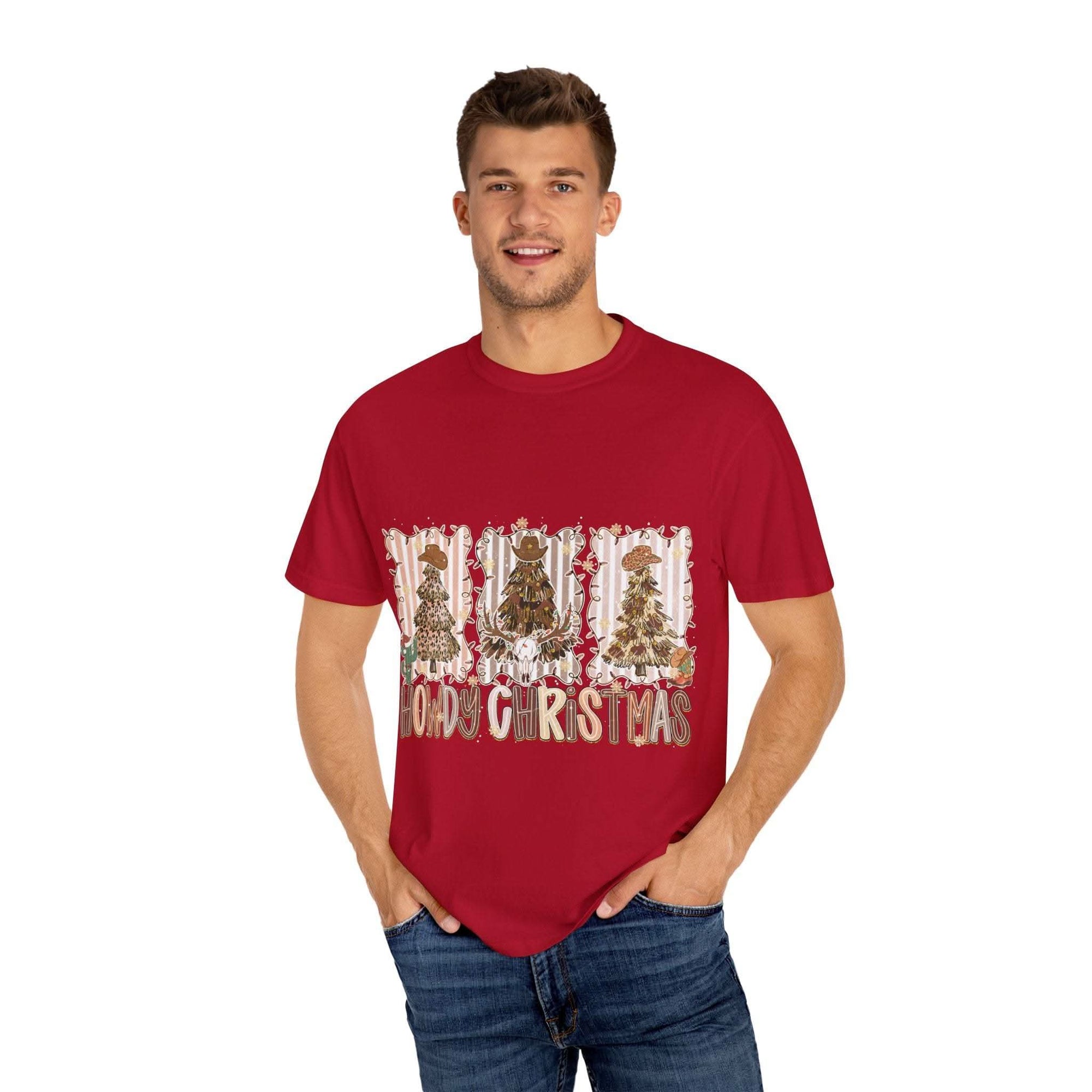Cowboy Howdy Christmas red t-shirt with festive cowboy and tree design worn by man
