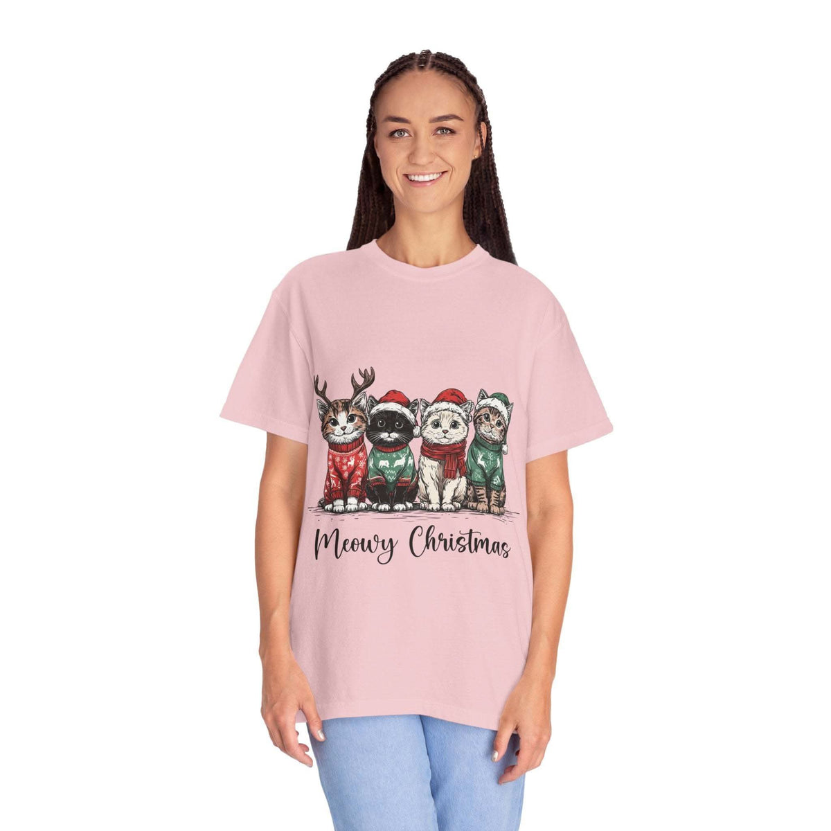 Bay Cat Lover T-shirt with Meowy Christmas design from Printify, perfect festive gift for cat enthusiasts.
