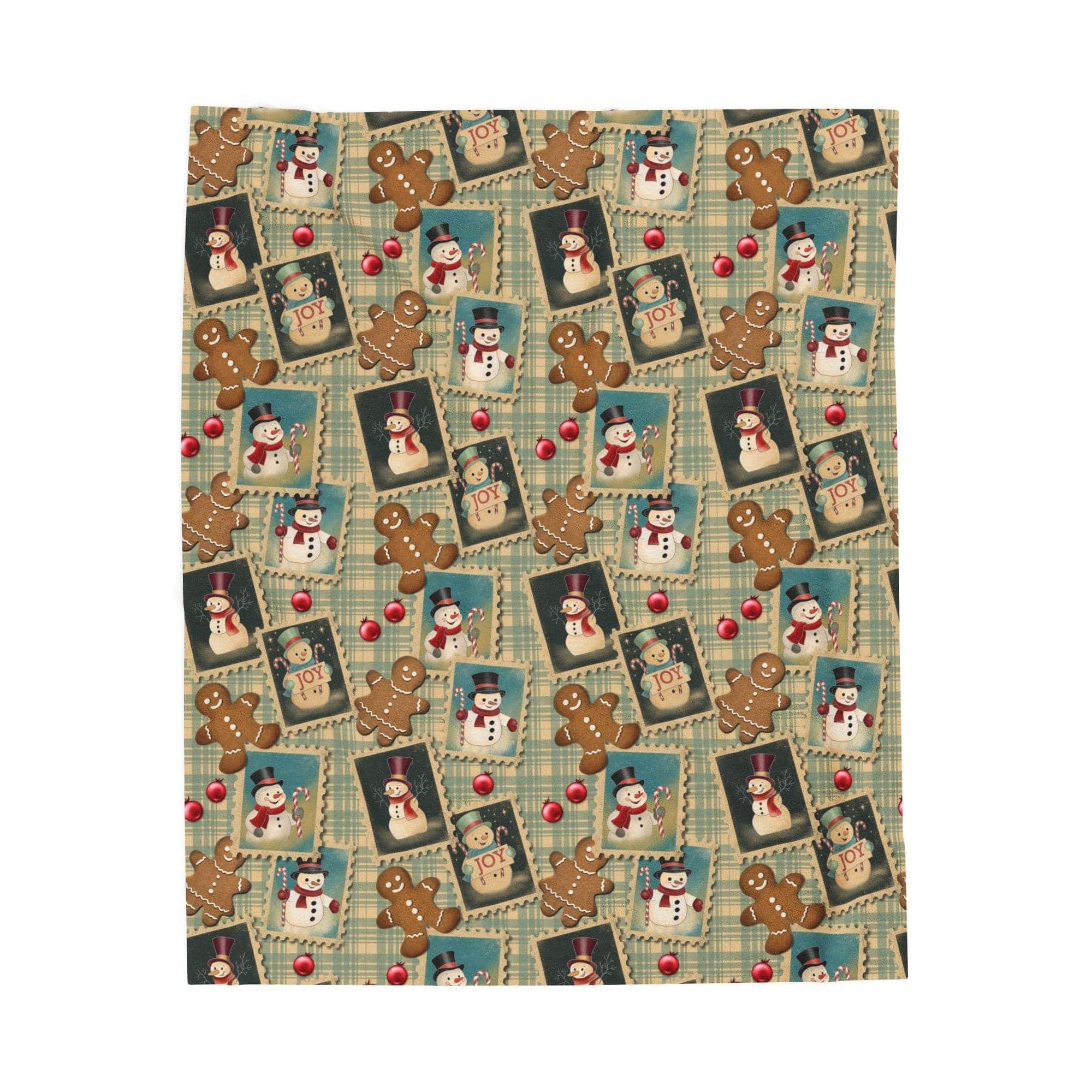 Plush blanket with retro Christmas watercolor design draped over a sofa for cozy holiday décor
