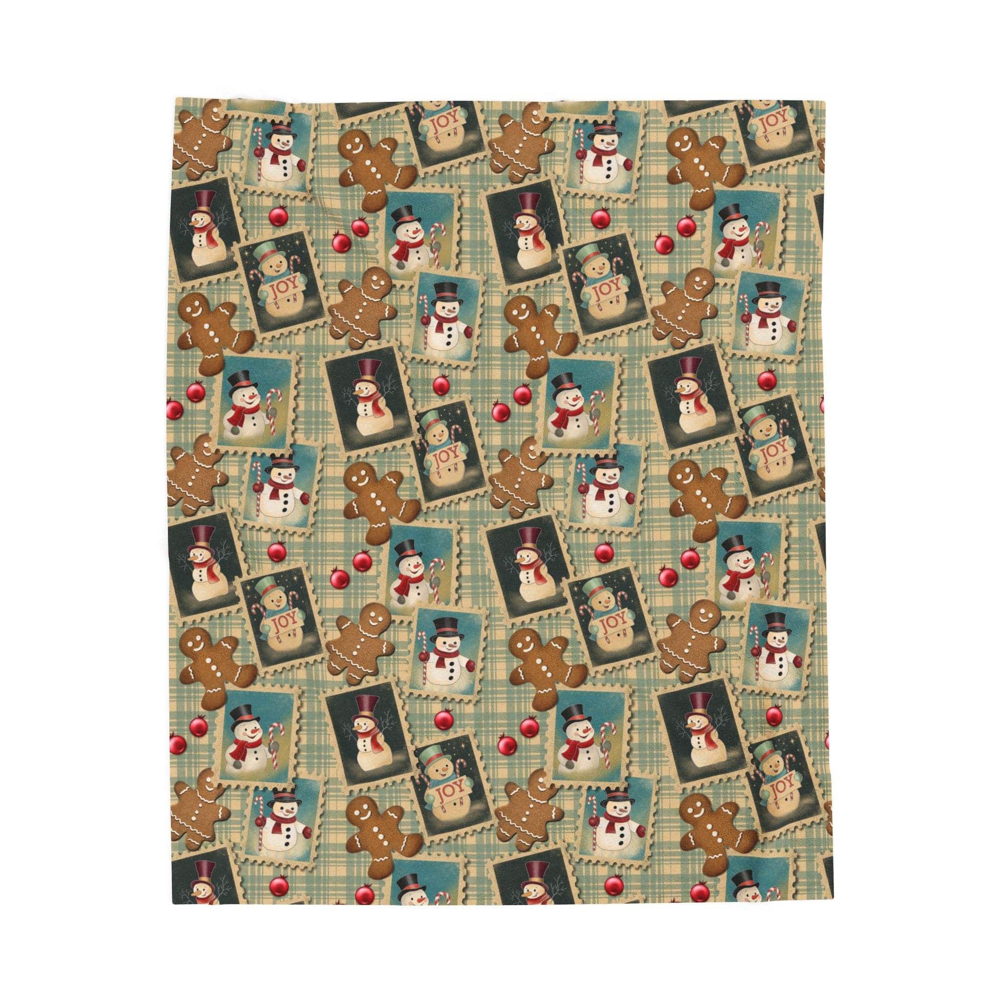 Plush blanket with retro Christmas watercolor design draped over a sofa for cozy holiday décor