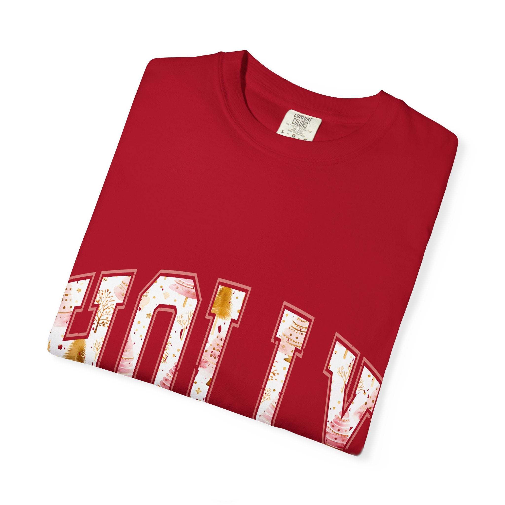 Red Varsity Holly Jolly T-shirt with festive lettering in soft garment-dyed cotton, unisex fit