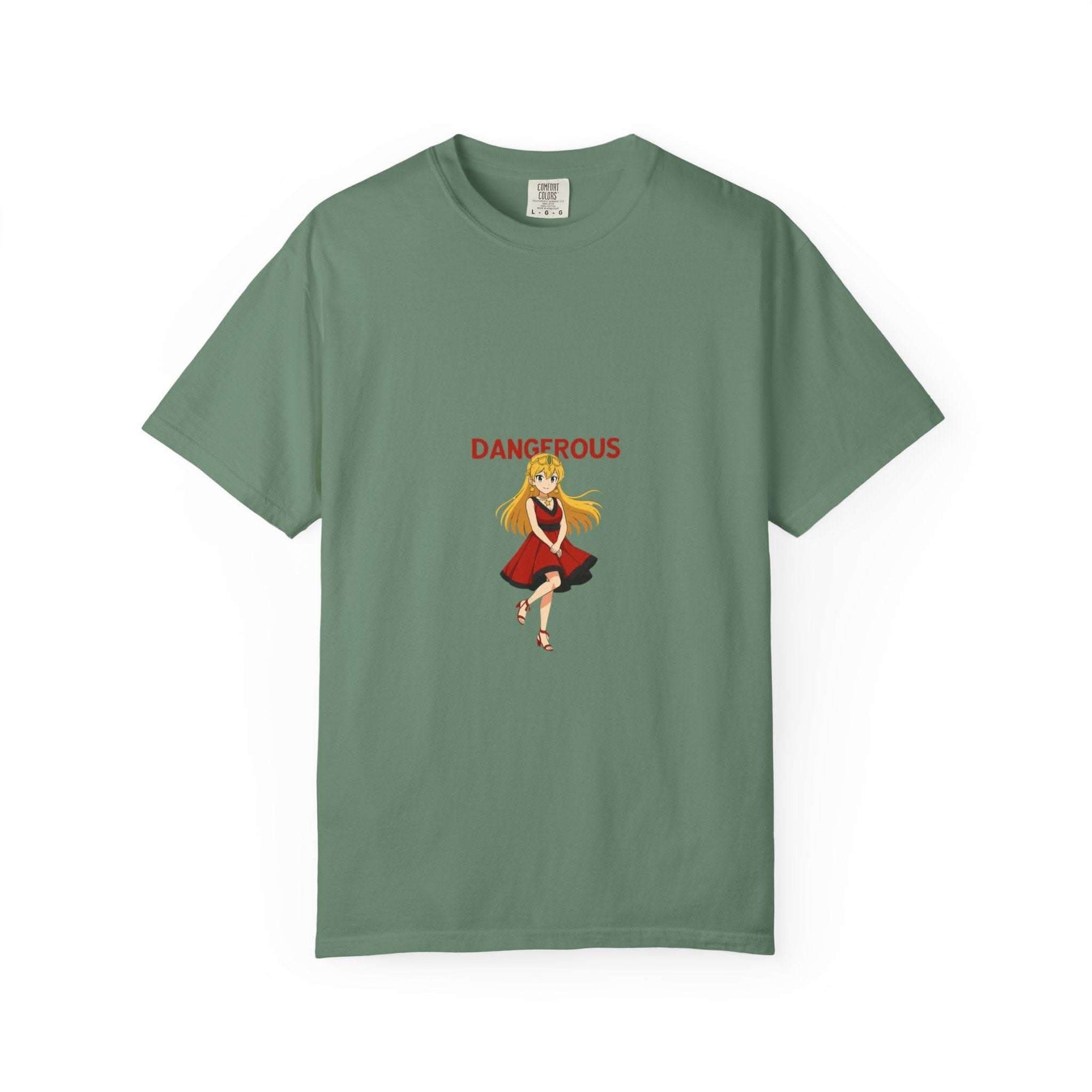 White Anime Dangerous Red Girl T-shirt from Printify, featuring a vibrant anime graphic, available in sizes S, M, L.