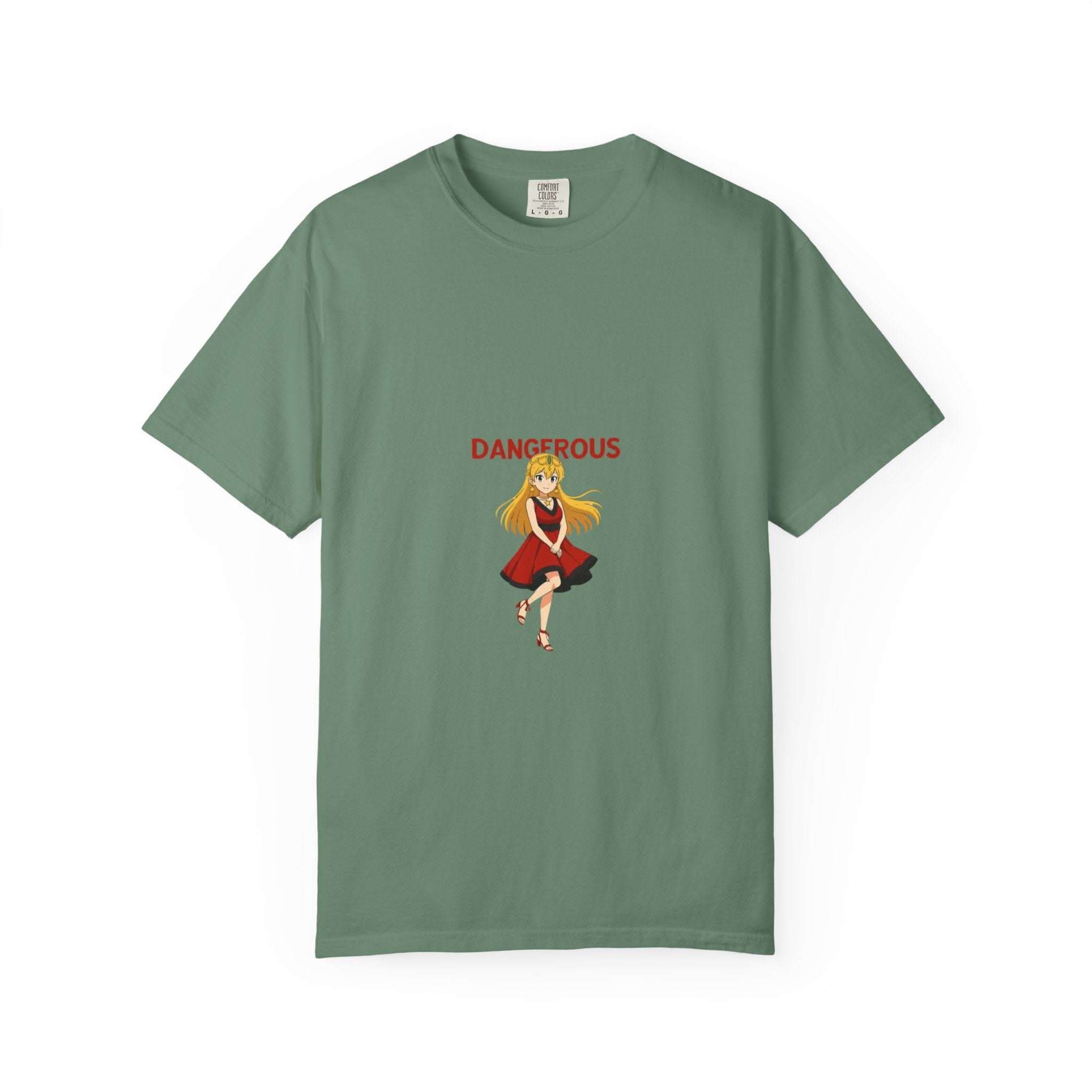 White Anime Dangerous Red Girl T-shirt from Printify, featuring a vibrant anime graphic, available in sizes S, M, L.