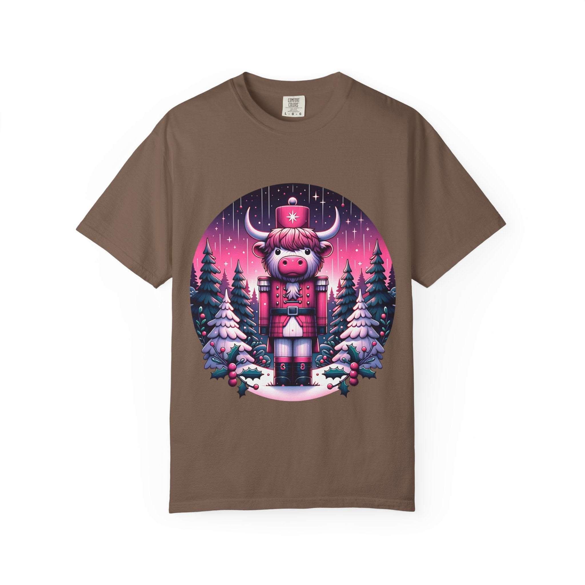 Black Cow Nutcracker T-shirt from Printify, featuring a fun animal print, perfect for cozy farmhouse style.