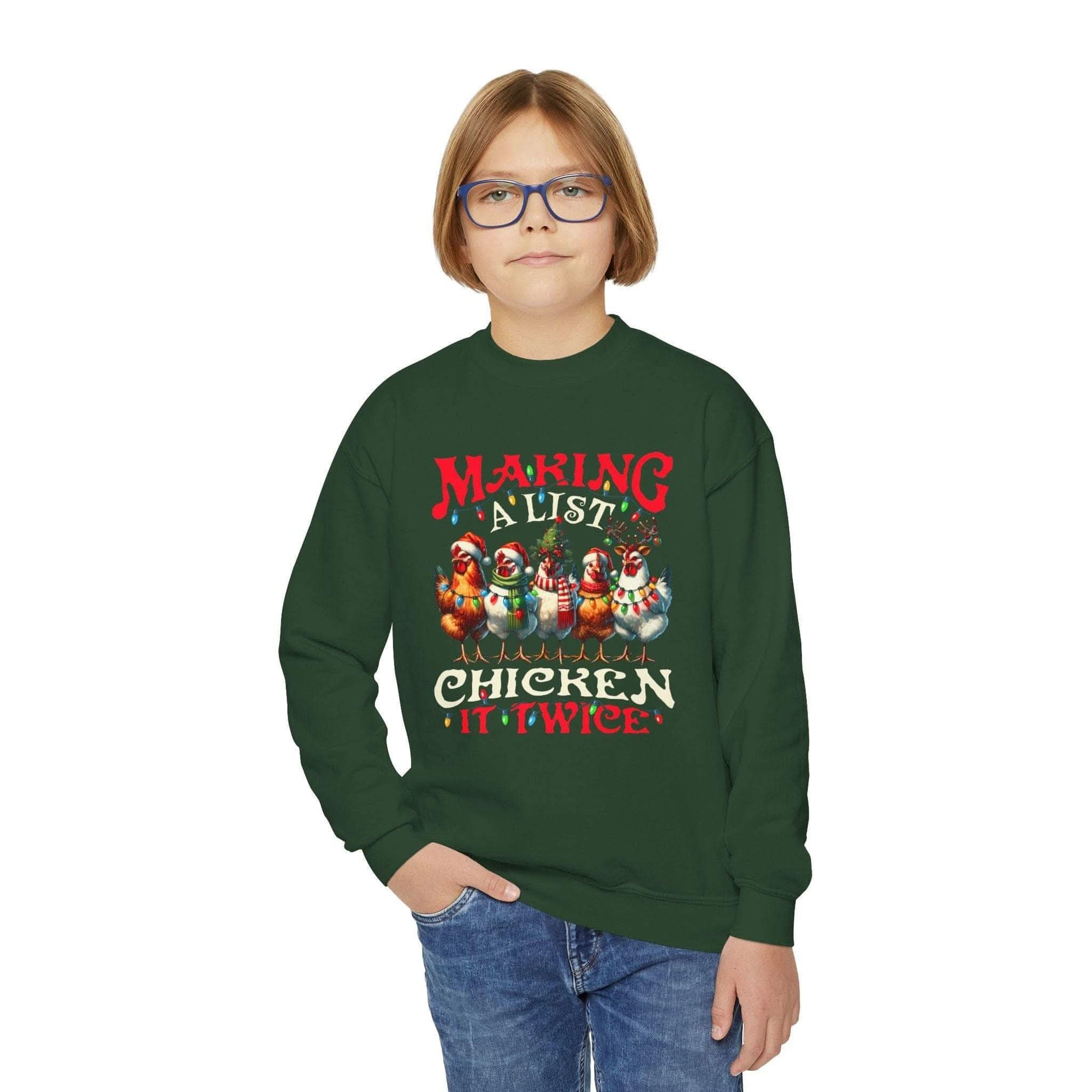 Navy youth crewneck sweatshirt featuring 'Making a List Chicken it Twice' graphic by Printify