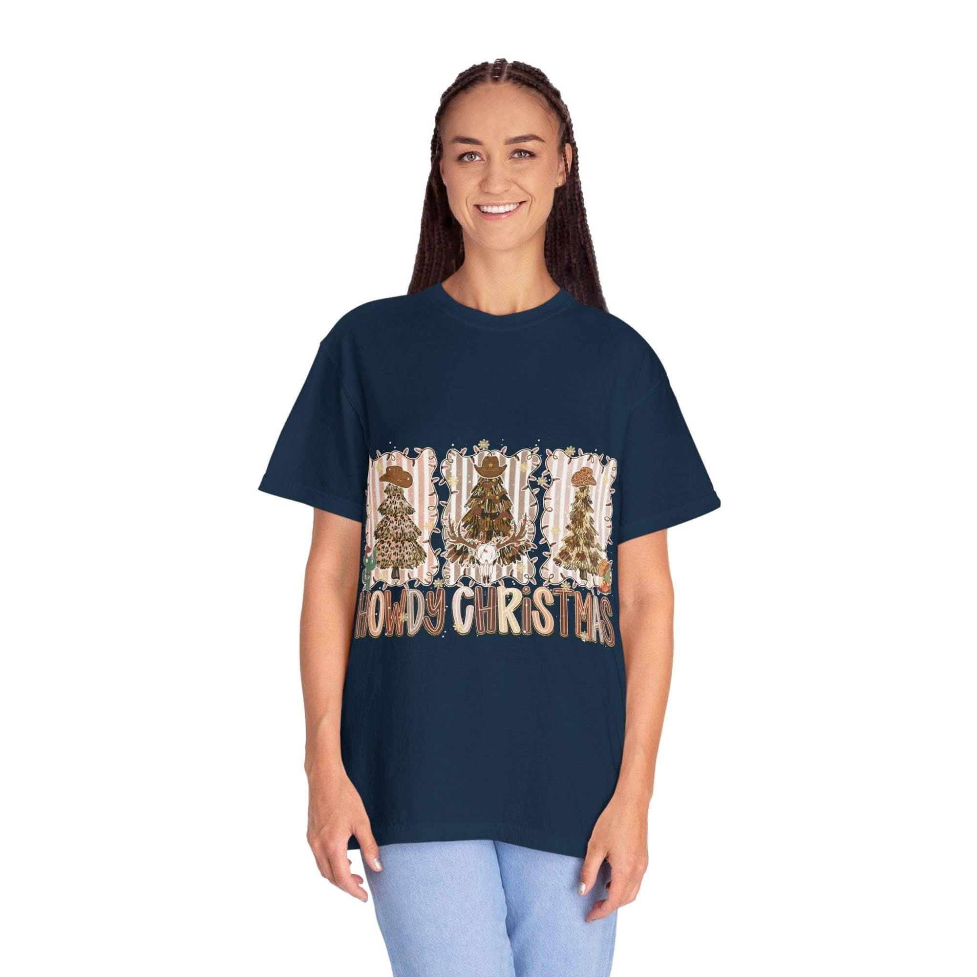 Woman wearing navy Cowboy Howdy Christmas t-shirt with festive cowboy hat and tree design