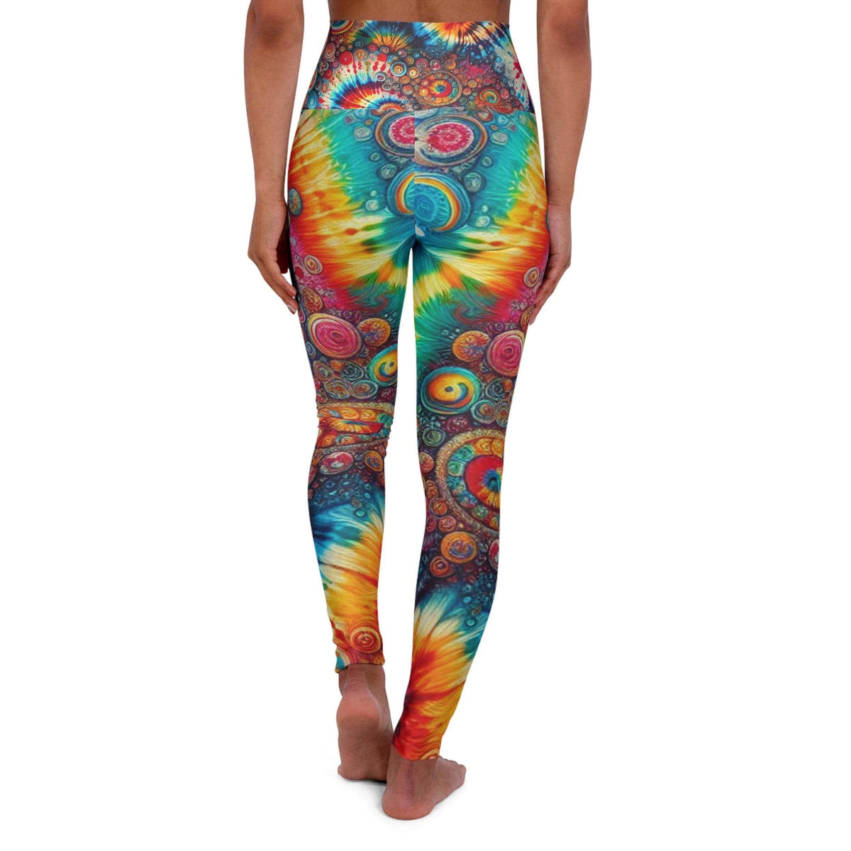 High-waisted rainbow tie-dye leggings with vibrant all-over prints from Printify, available in sizes XS to M