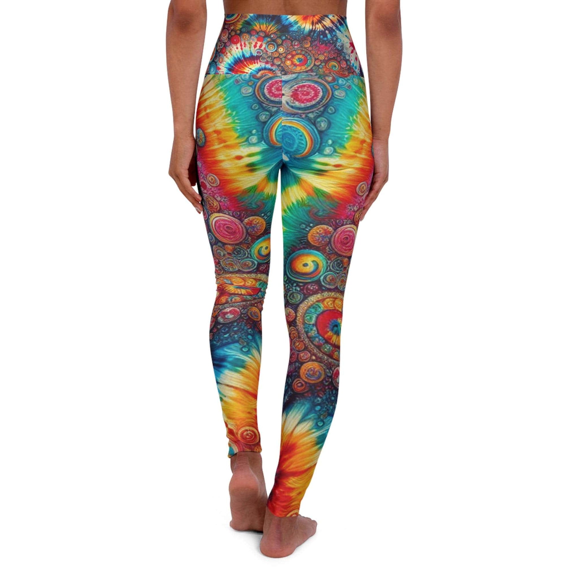 High-waisted rainbow tie-dye leggings with vibrant all-over prints from Printify, available in sizes XS to M