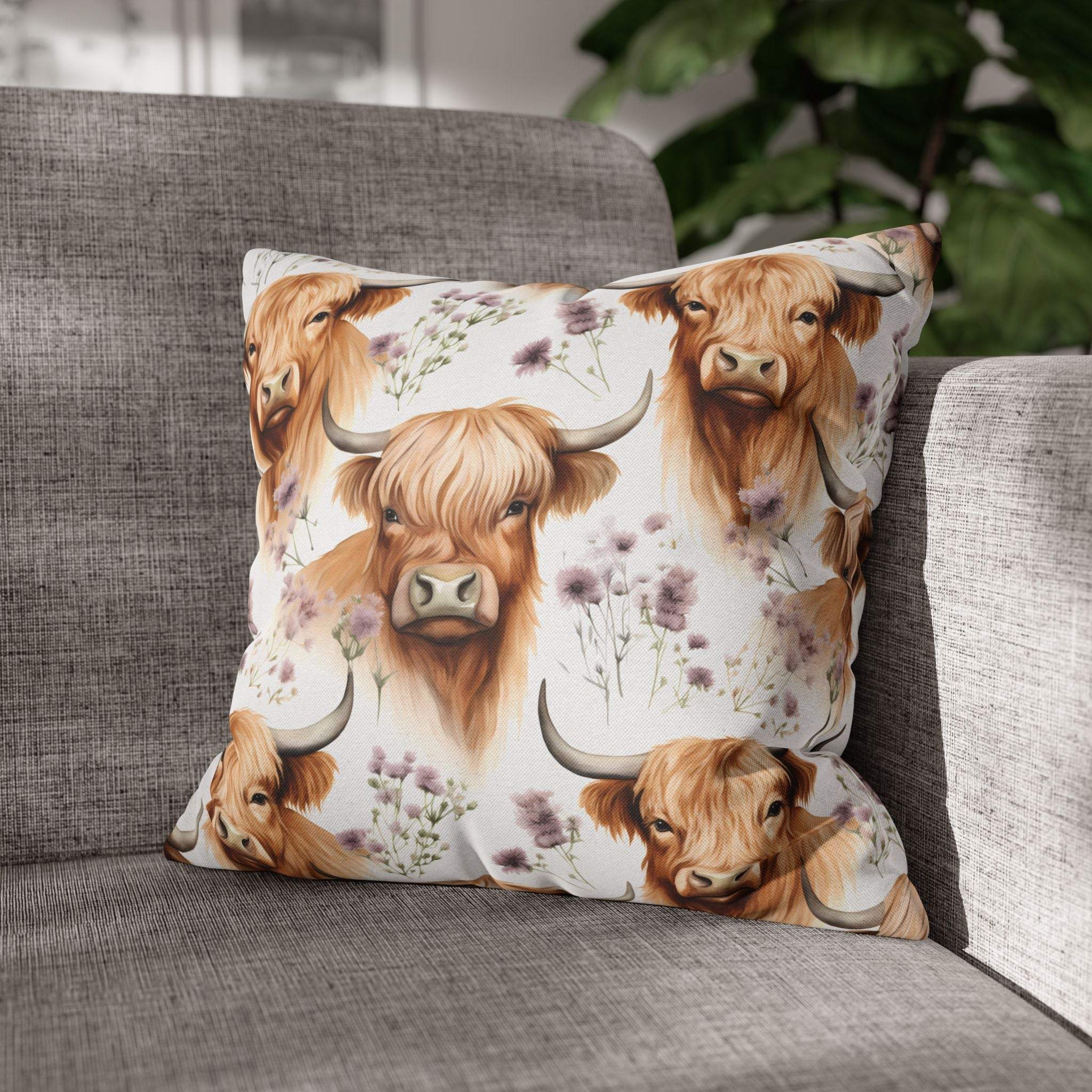 Floral Highland Cow pillowcase with delicate blooms and double-sided print for farmhouse decor