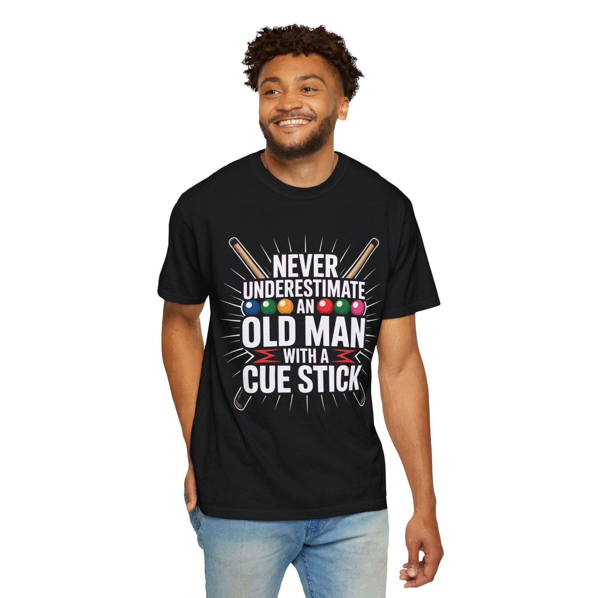 Man wearing a black t-shirt with a humorous design and text.