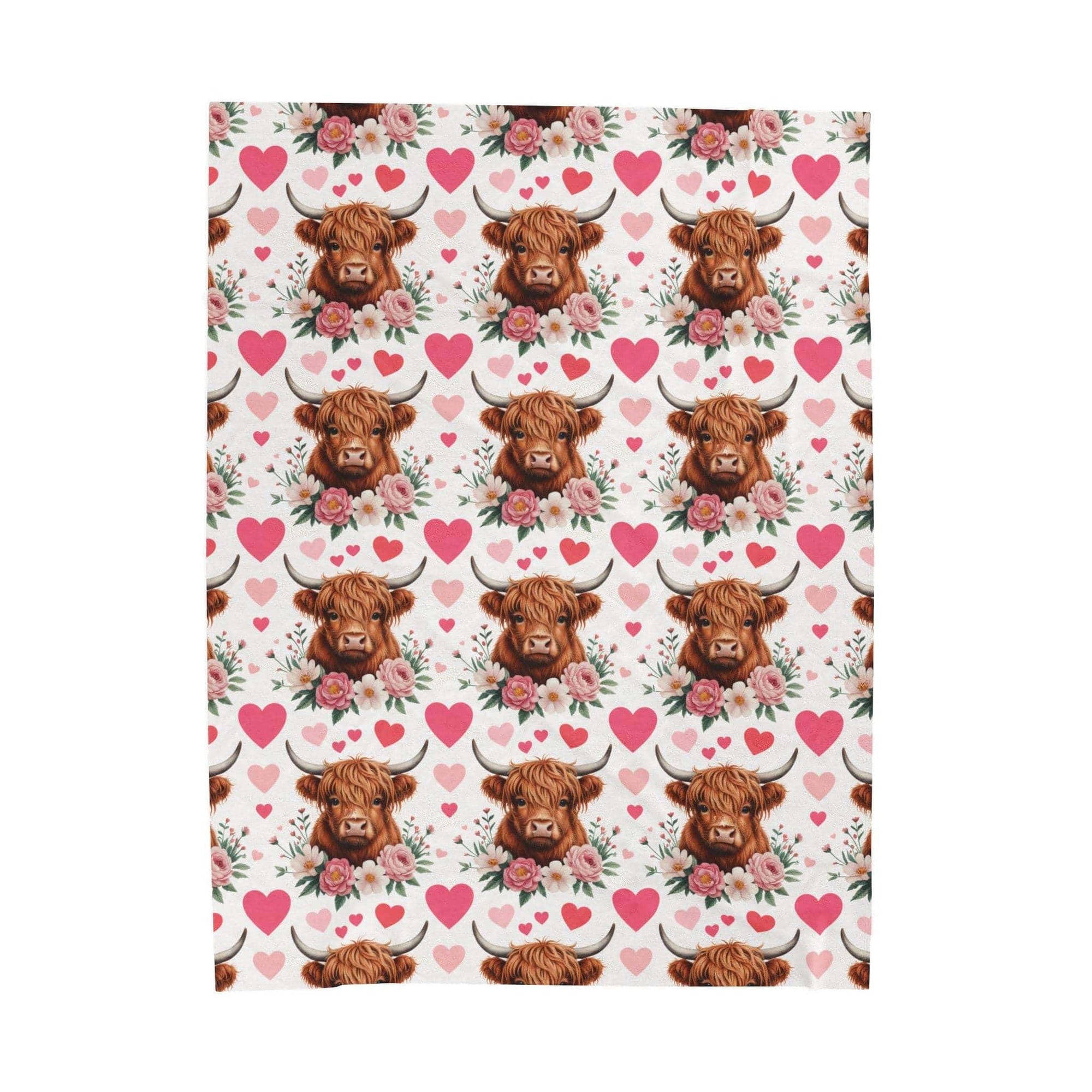 Velveteen plush blanket with floral Highland cow design and soft, cozy texture