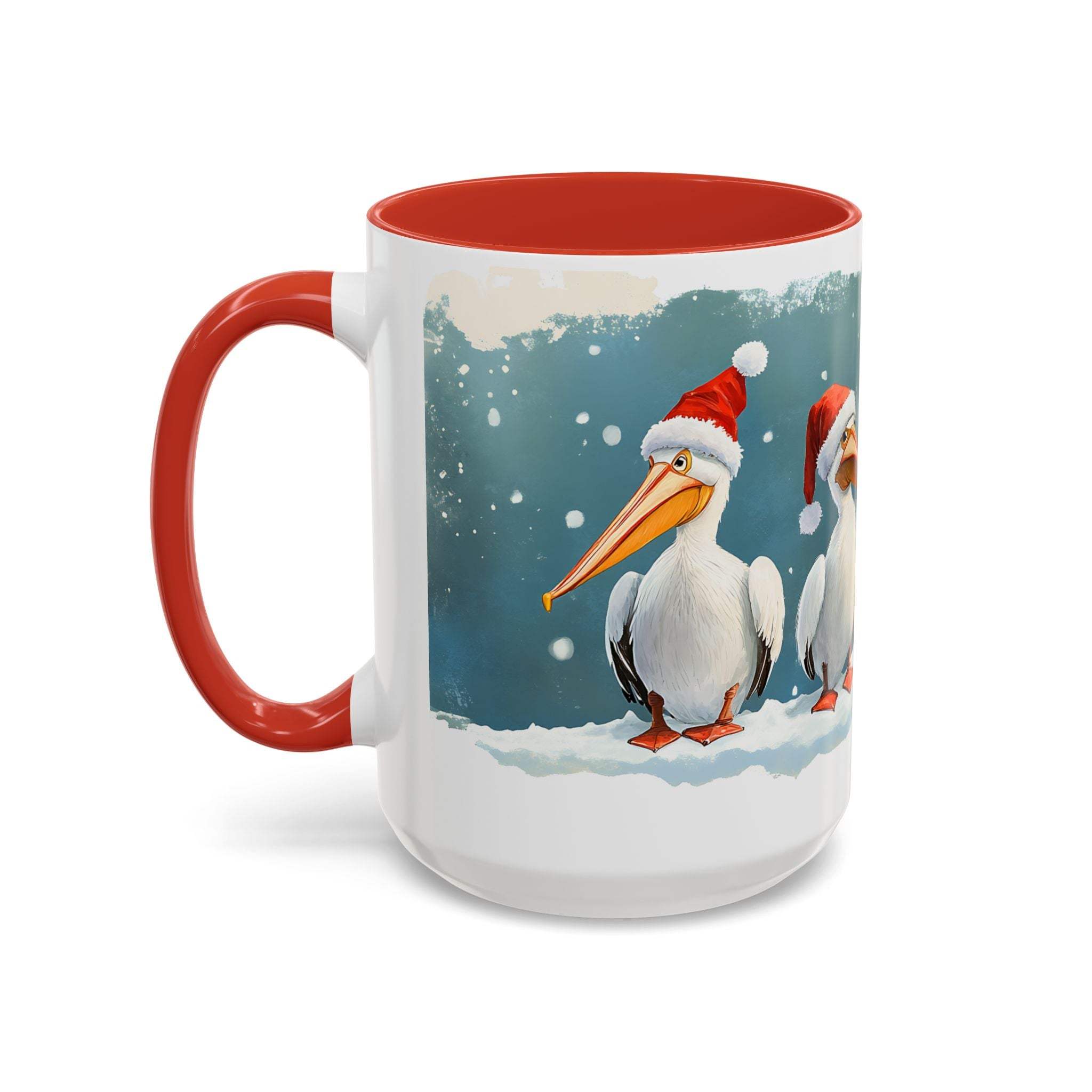 Mug with Christmas design featuring two pelicans wearing Santa hats on a snowy background.