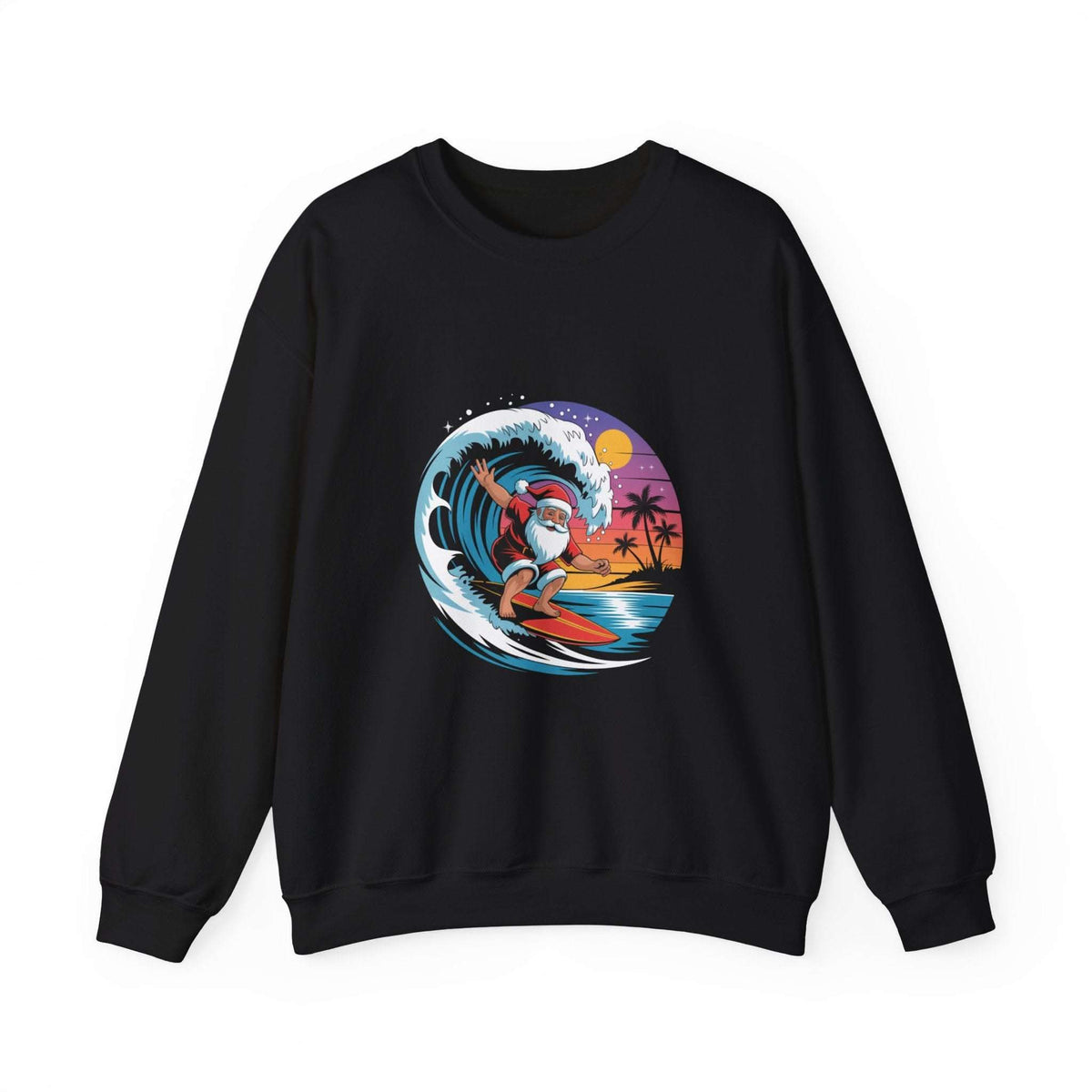 Navy Santa sweatshirt featuring a surfing design, perfect for holiday beachwear by Printify.