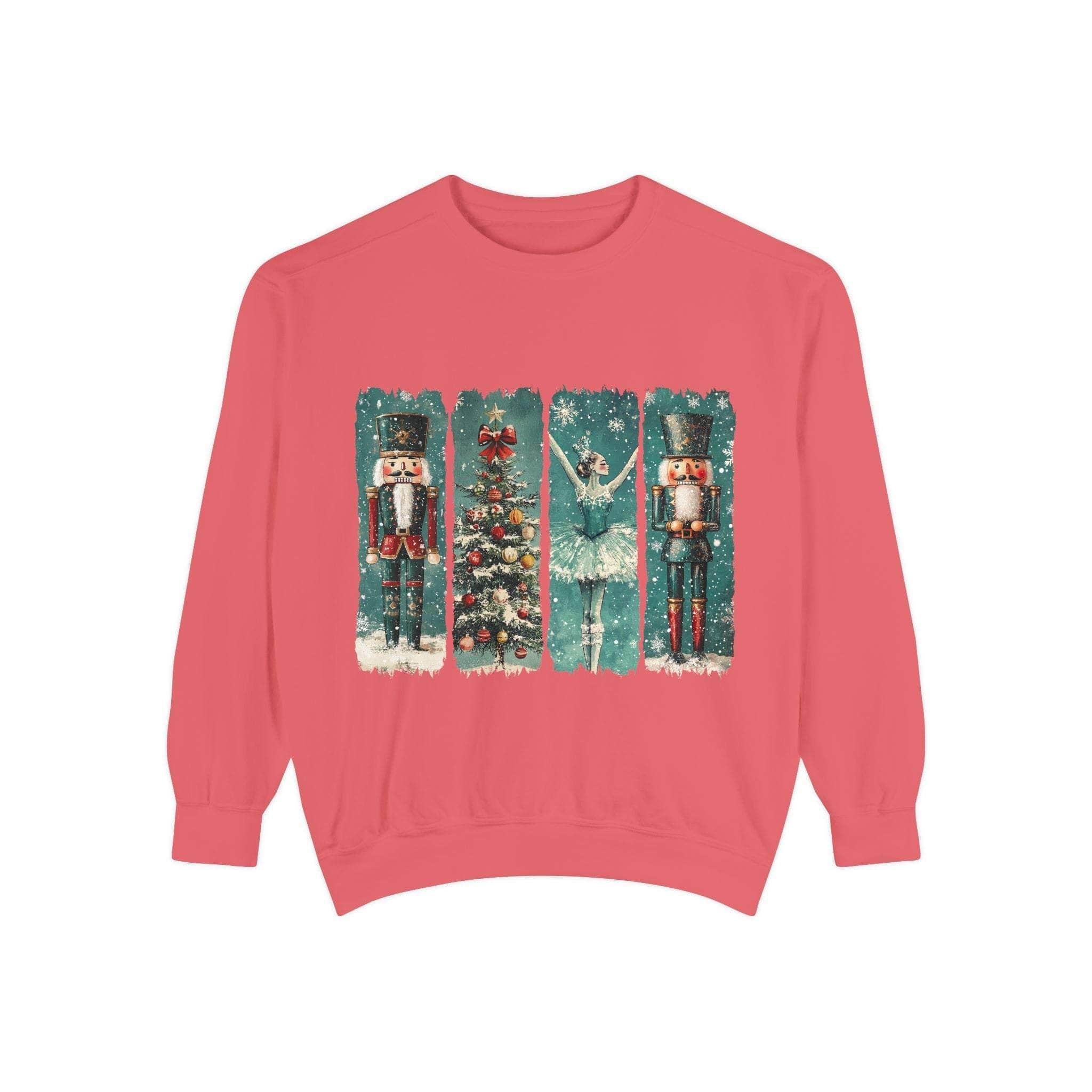 Vintage Christmas Nutcracker watercolor sweatshirt with nutcracker, Christmas tree, and ballerina design on red cozy fabric