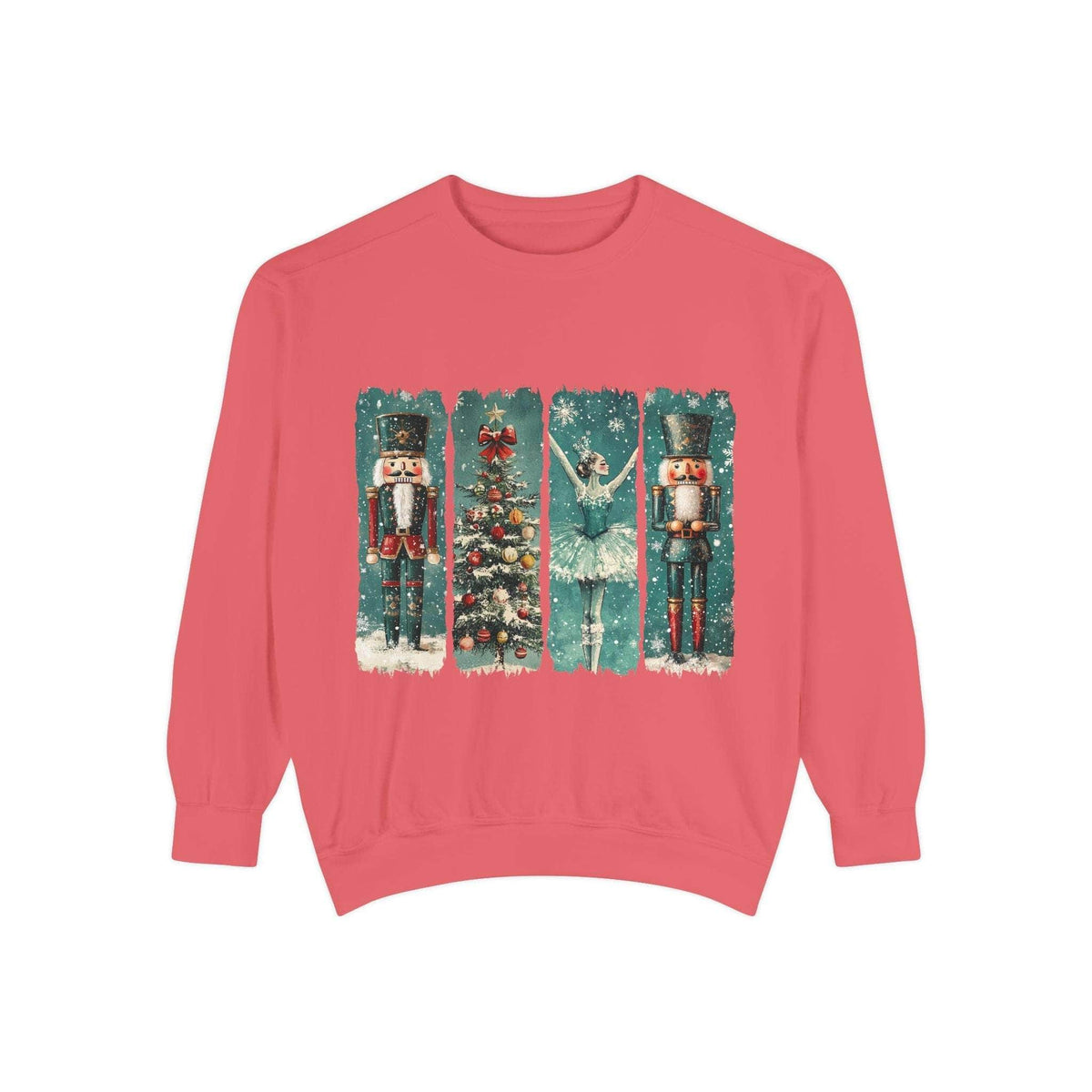 Vintage Christmas Nutcracker watercolor sweatshirt with nutcracker, Christmas tree, and ballerina design on red cozy fabric