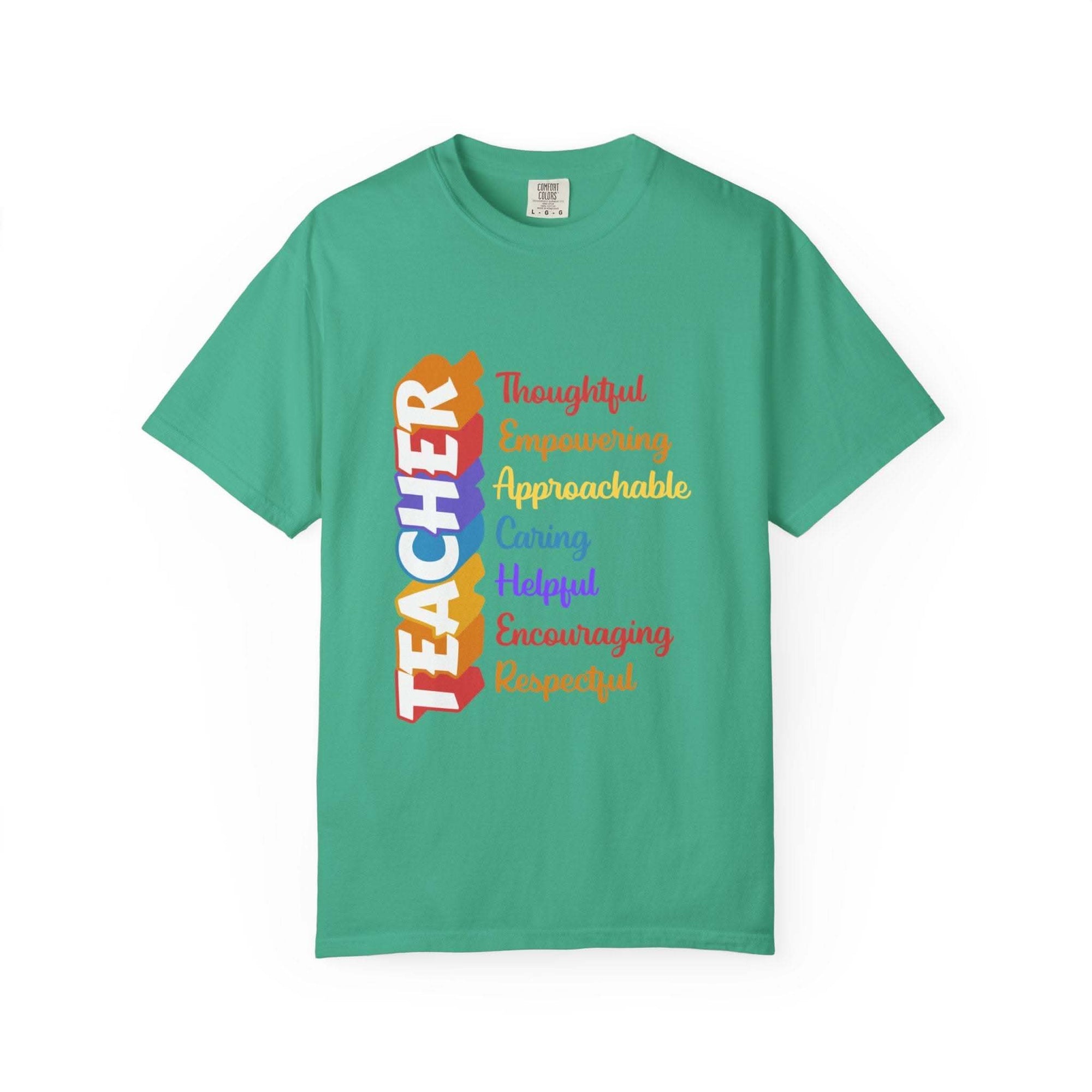 Black cotton teacher acronym appreciation t-shirt from Printify, featuring a comfortable fit for back to school.
